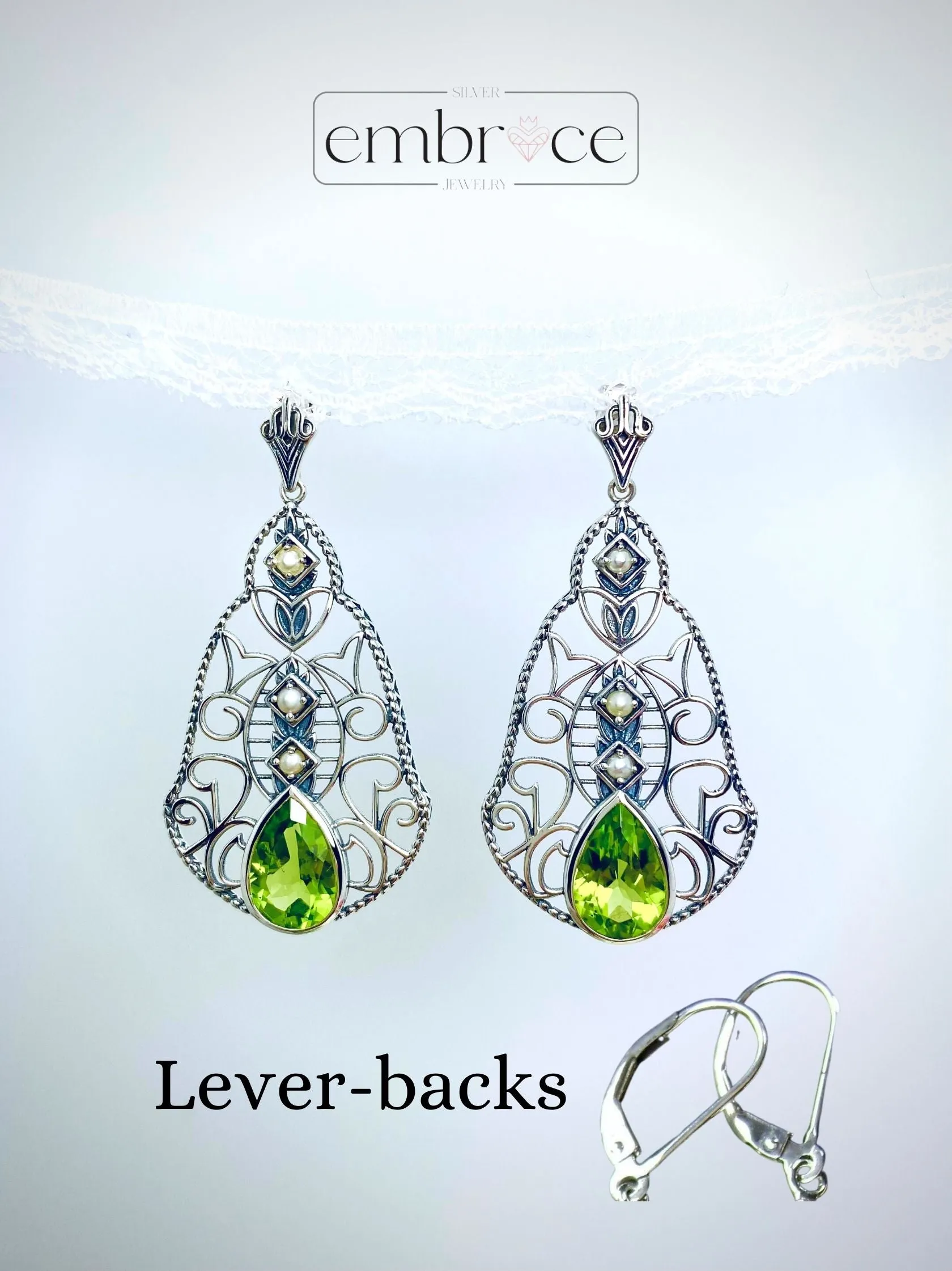 Natural Peridot Earrings, with Pearl accents, Fancy Lavalier Earrings, Victorian Jewelry E22