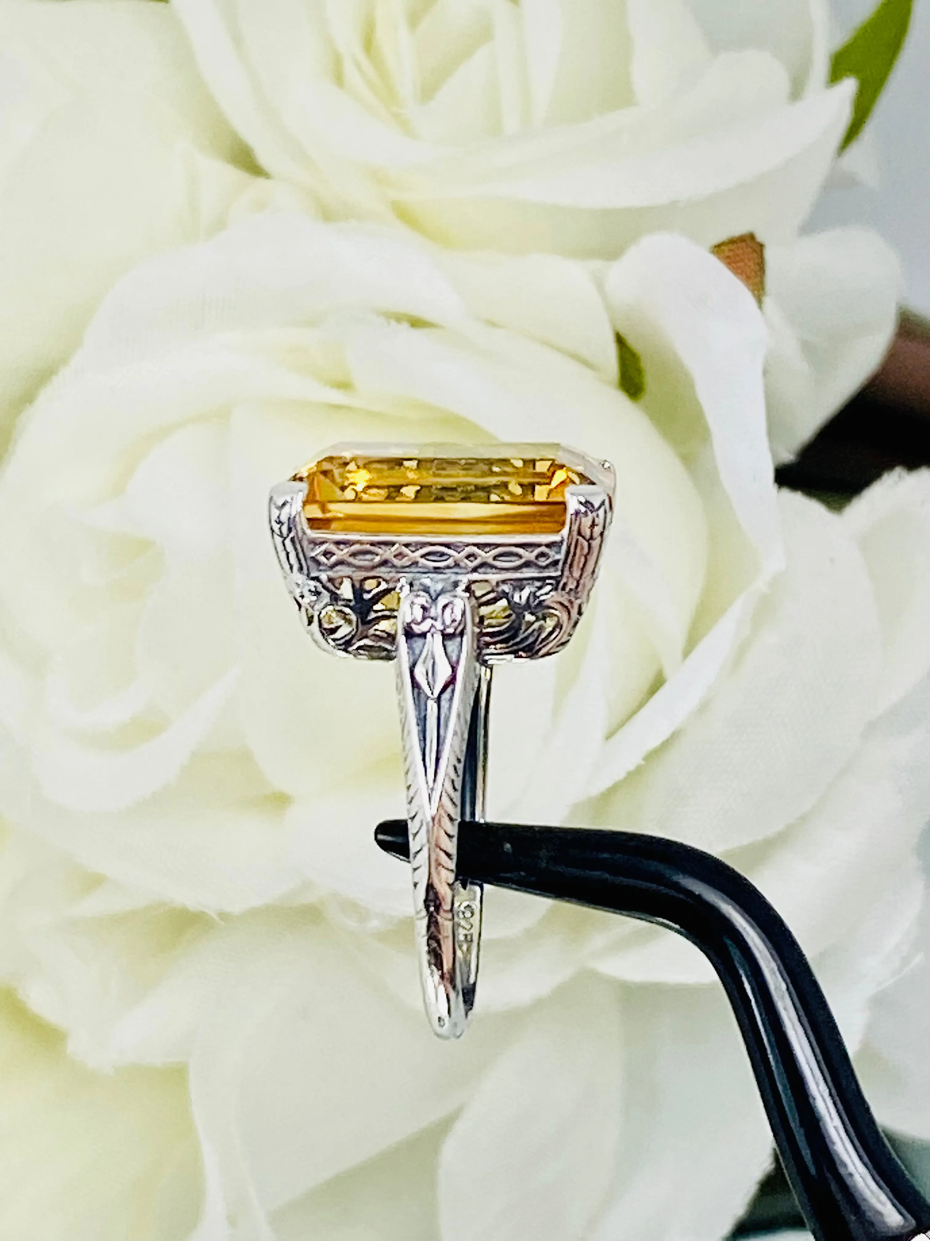 Natural Yellow Citrine Ring, 10ct Rectangle Gem, Vintage Jewelry #D5