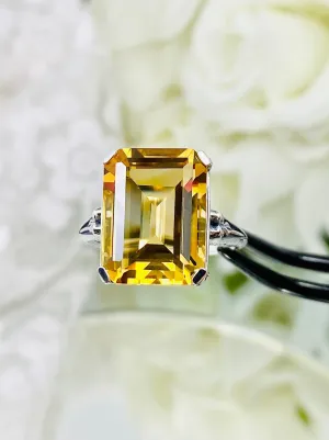 Natural Yellow Citrine Ring, 10ct Rectangle Gem, Vintage Jewelry #D5