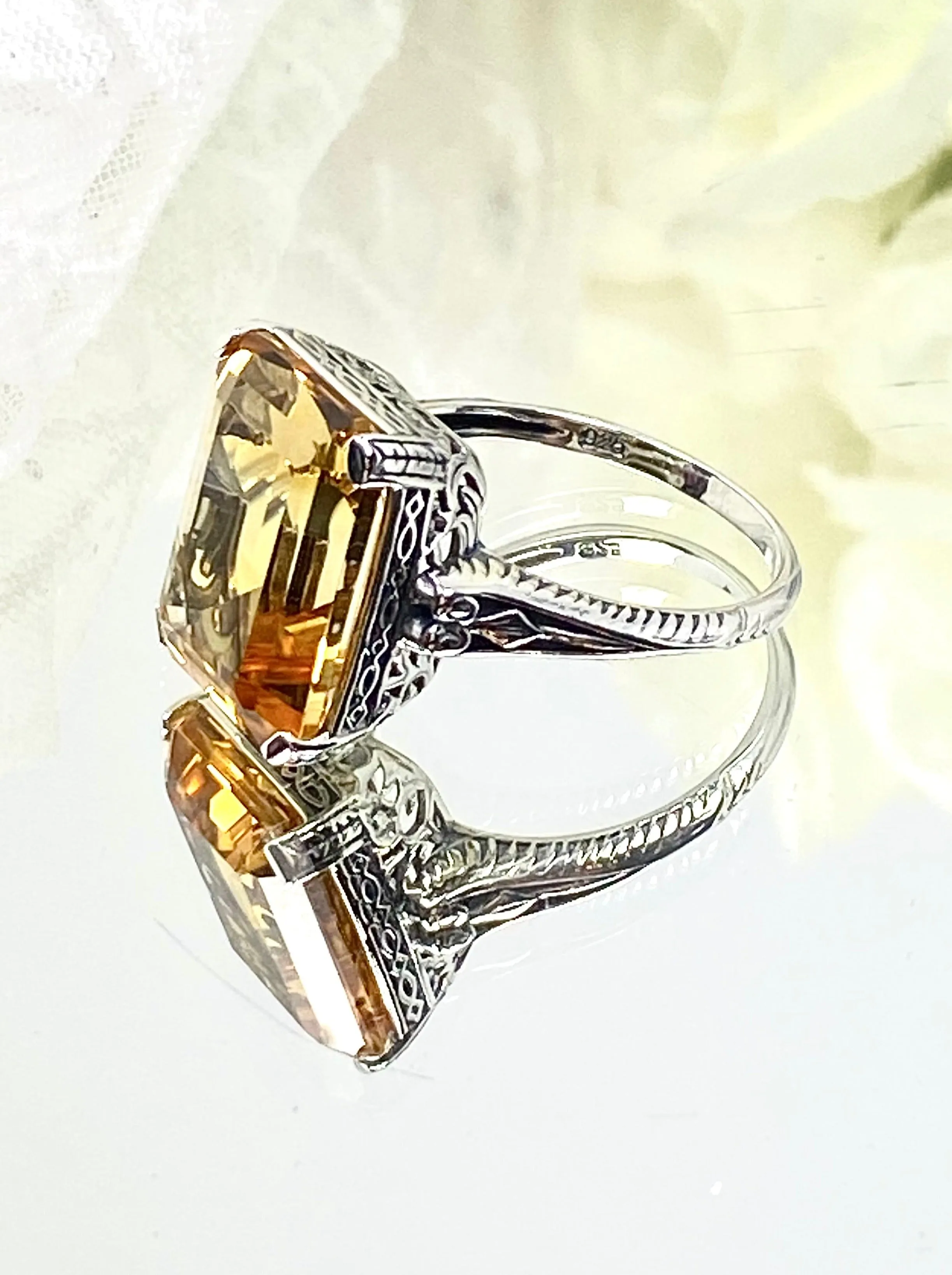 Natural Yellow Citrine Ring, 10ct Rectangle Gem, Vintage Jewelry #D5
