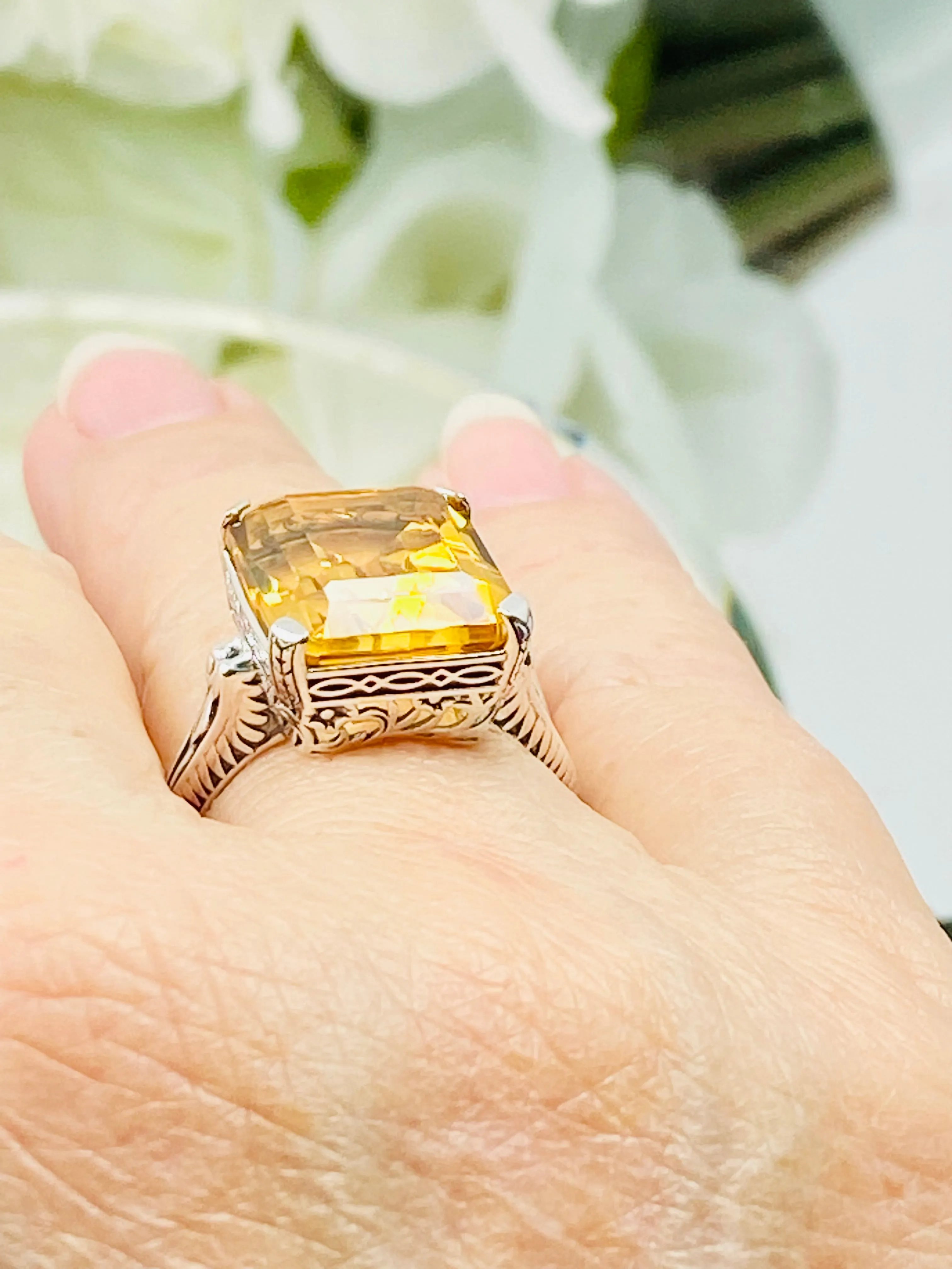 Natural Yellow Citrine Ring, 10ct Rectangle Gem, Vintage Jewelry #D5