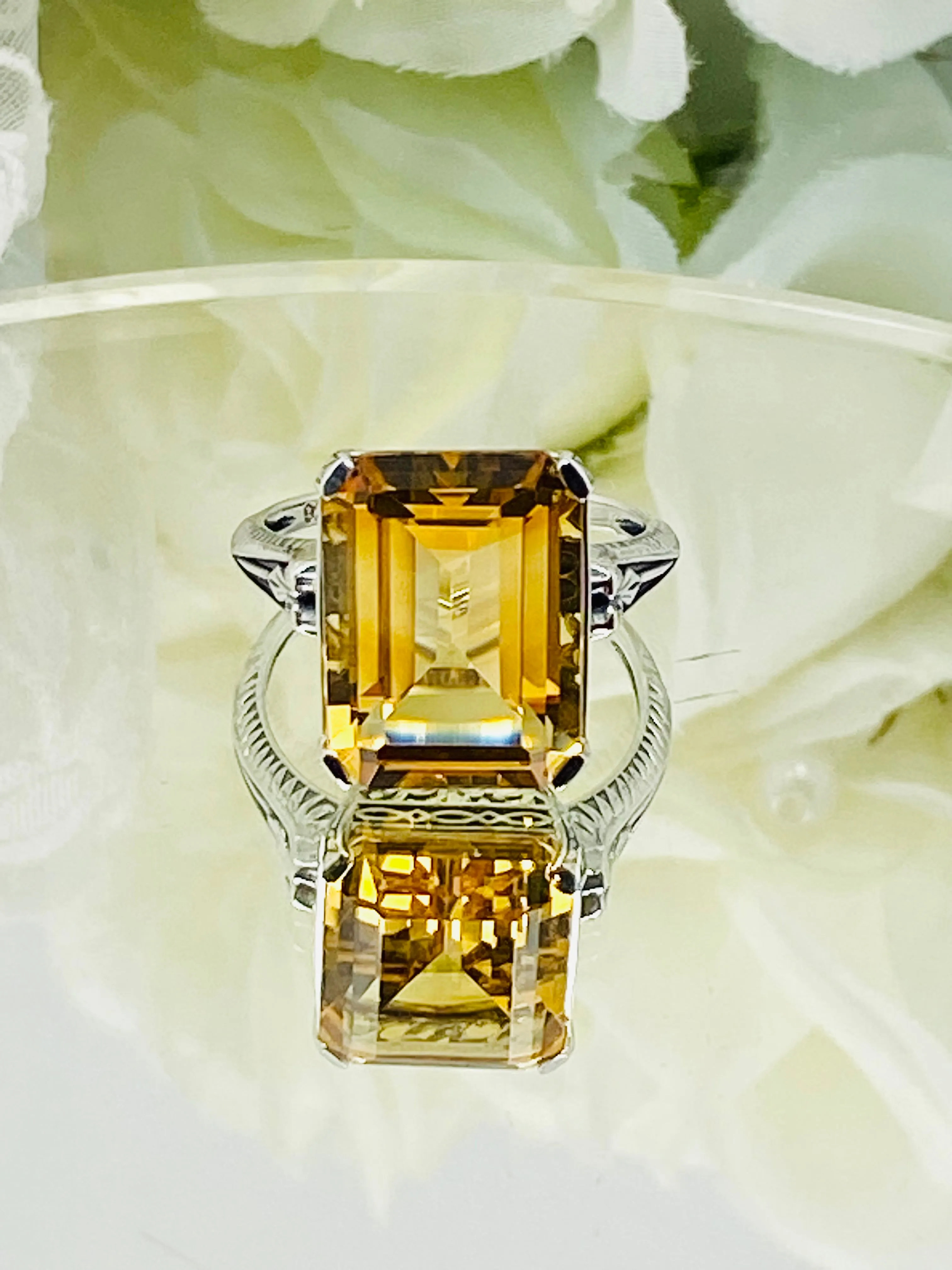 Natural Yellow Citrine Ring, 10ct Rectangle Gem, Vintage Jewelry #D5