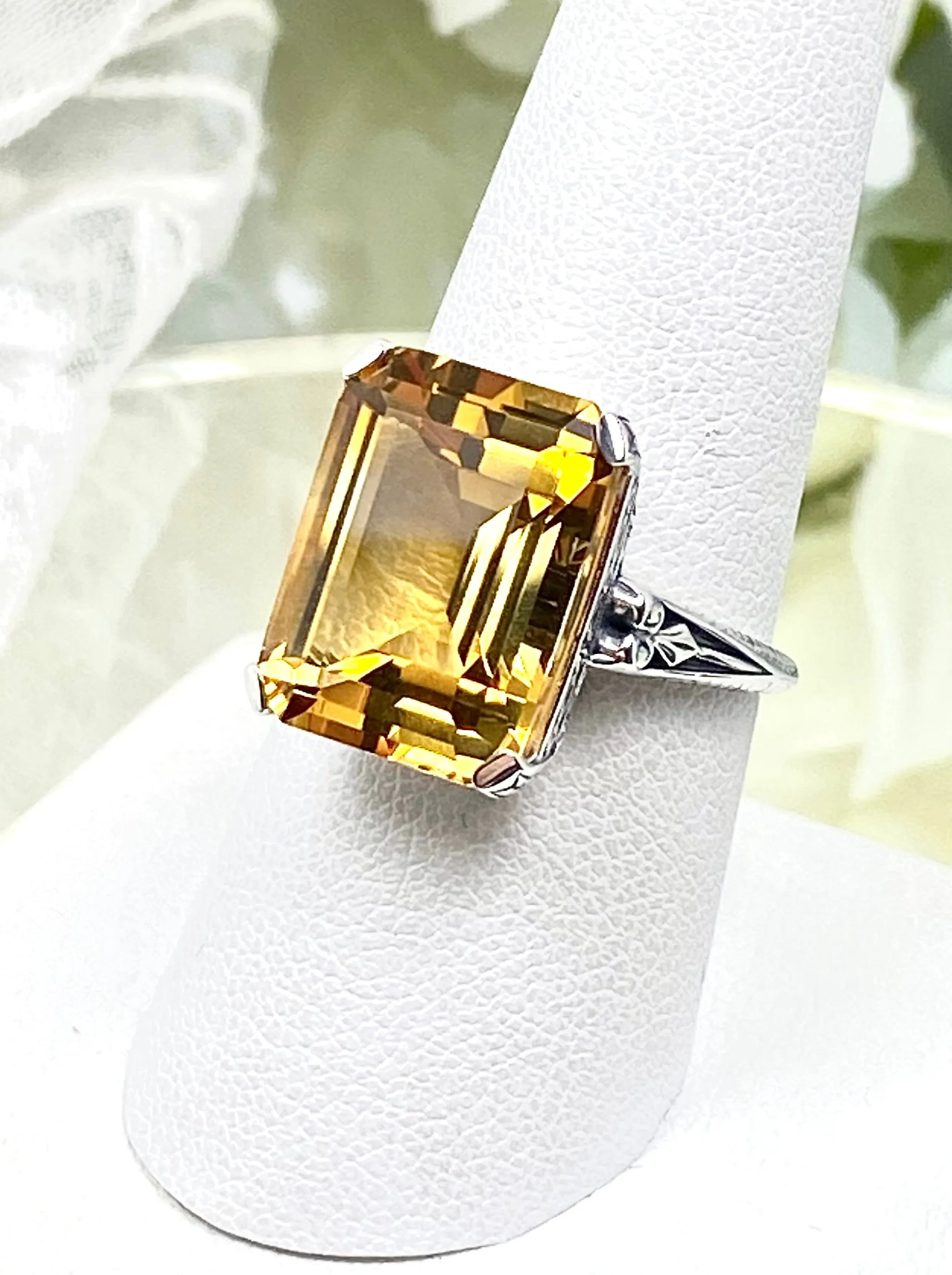 Natural Yellow Citrine Ring, 10ct Rectangle Gem, Vintage Jewelry #D5