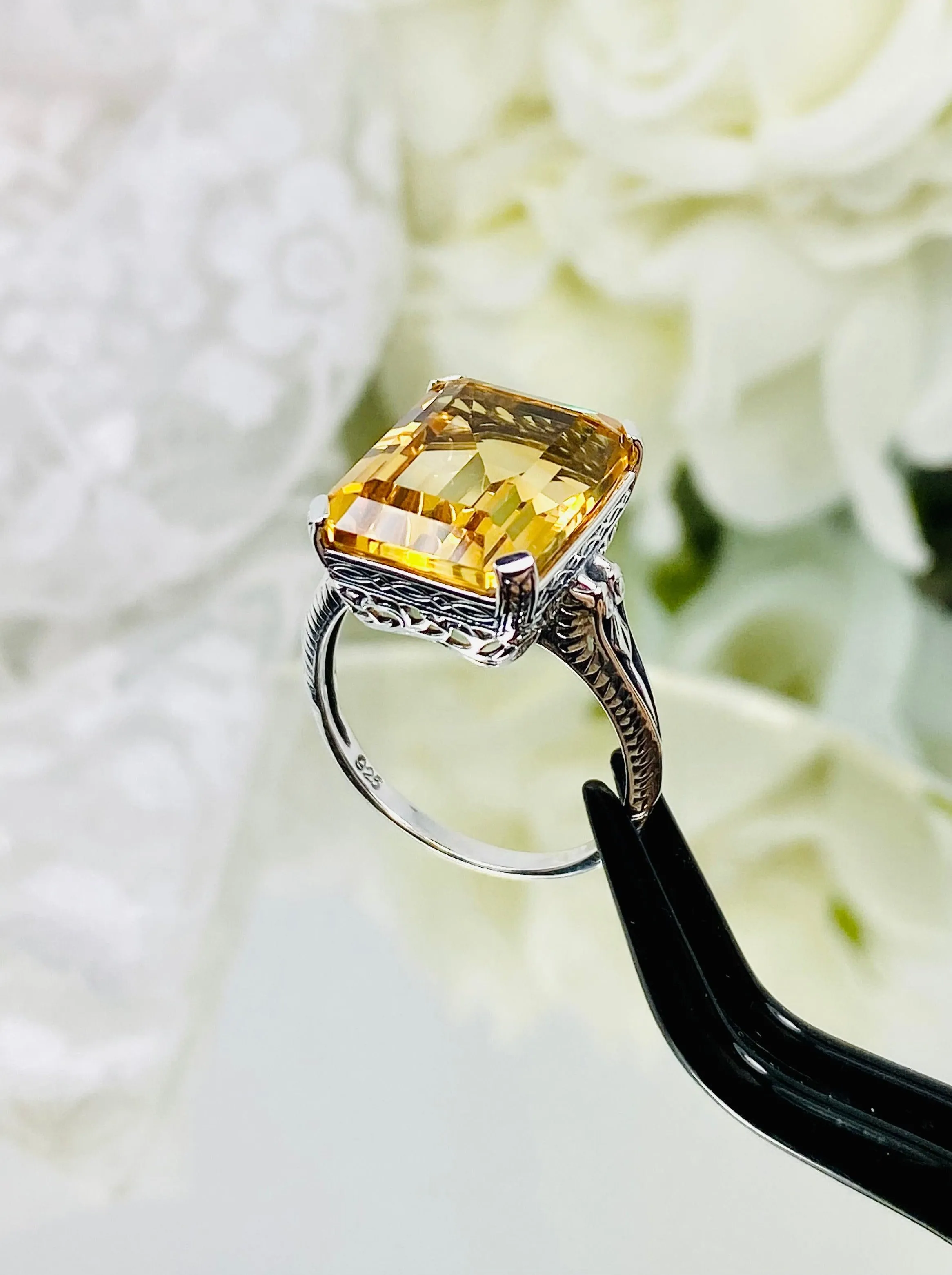 Natural Yellow Citrine Ring, 10ct Rectangle Gem, Vintage Jewelry #D5