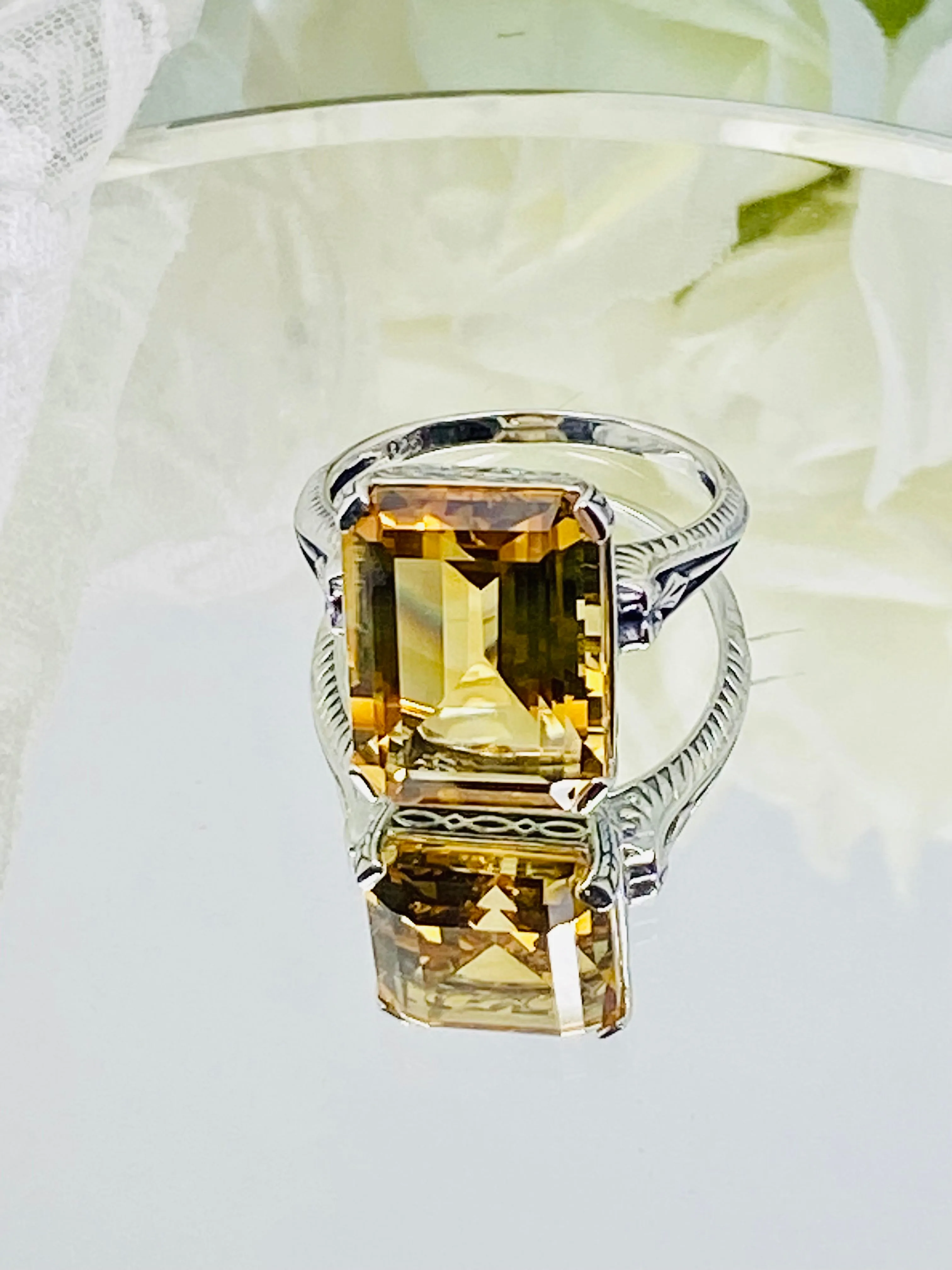Natural Yellow Citrine Ring, 10ct Rectangle Gem, Vintage Jewelry #D5