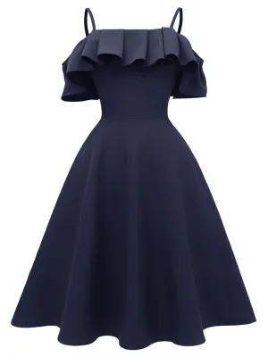 Navy 1950s Spaghetti Strap Ruffles Vintage Dress