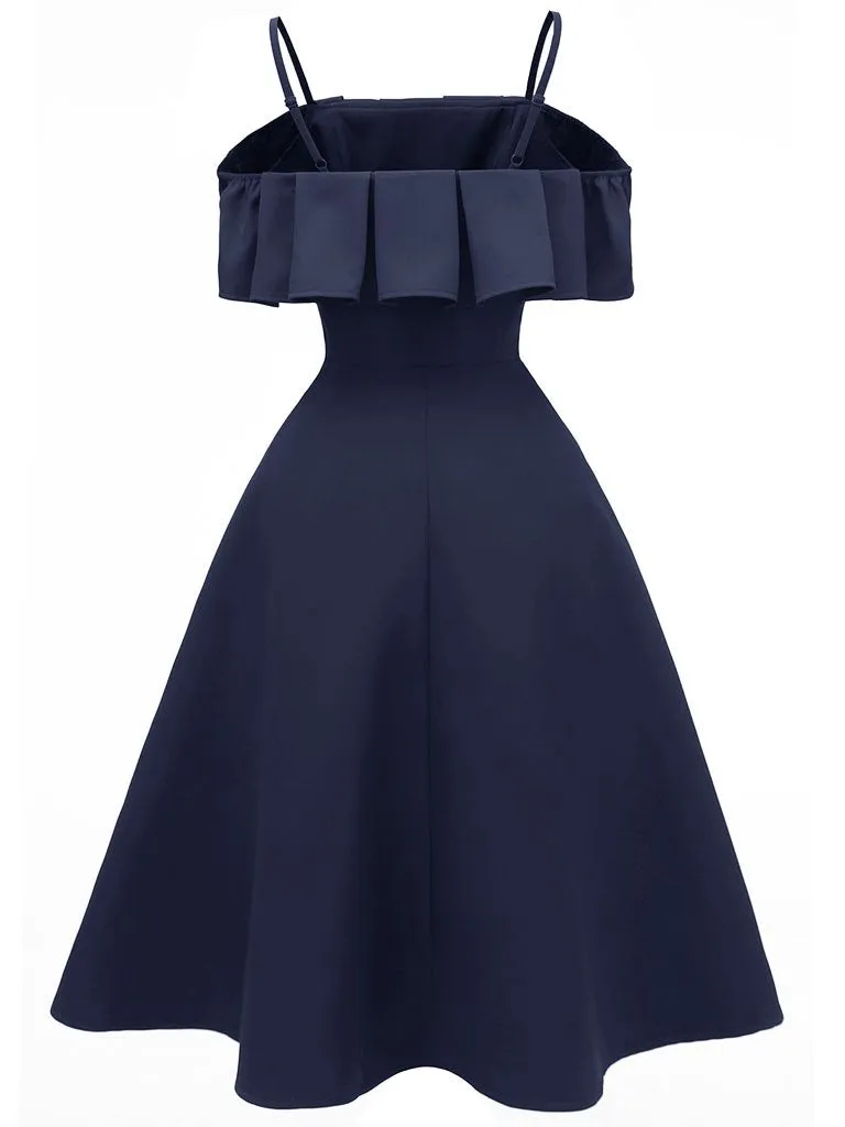 Navy 1950s Spaghetti Strap Ruffles Vintage Dress