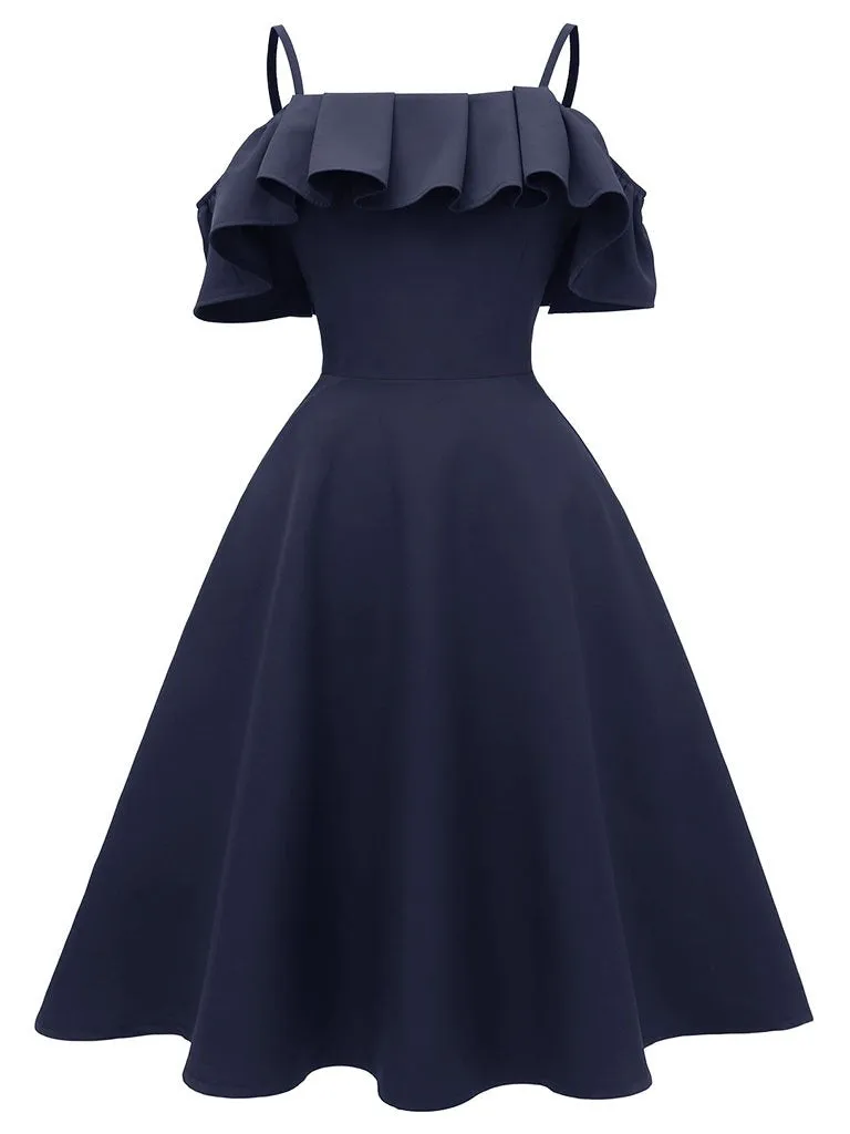 Navy 1950s Spaghetti Strap Ruffles Vintage Dress
