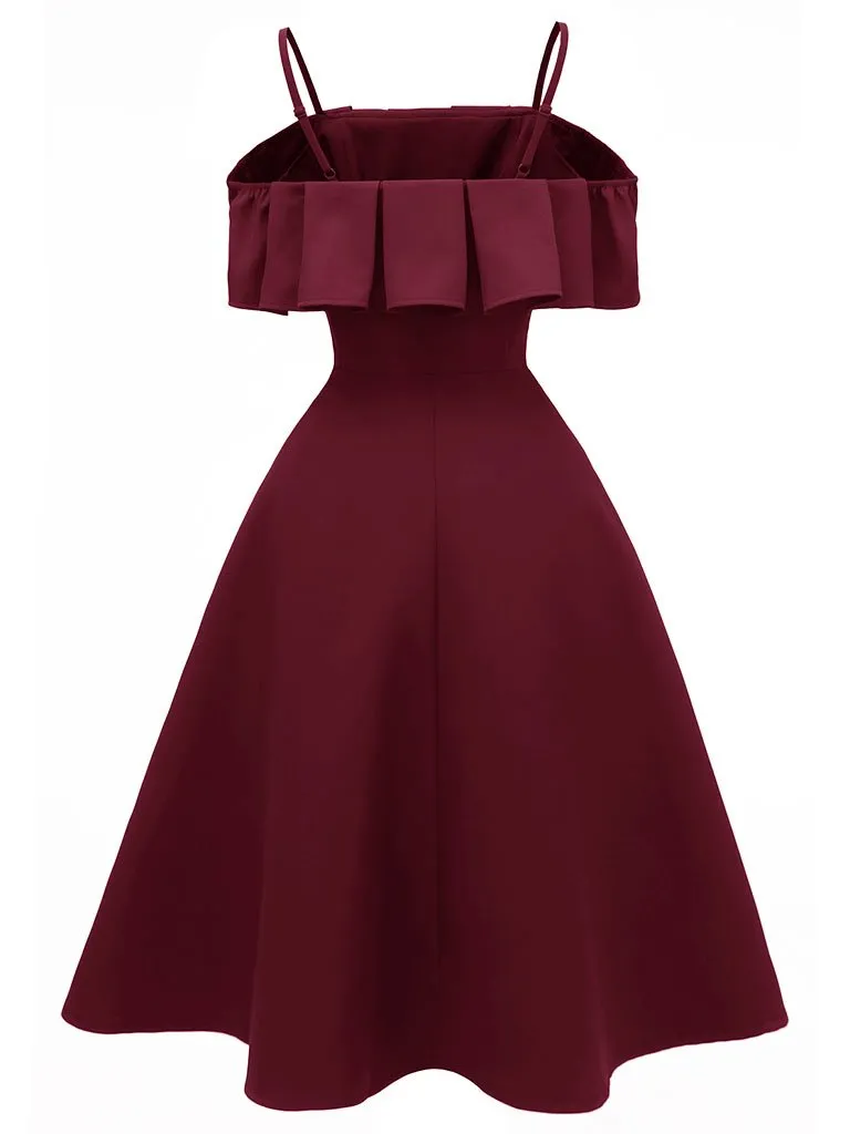 Navy 1950s Spaghetti Strap Ruffles Vintage Dress