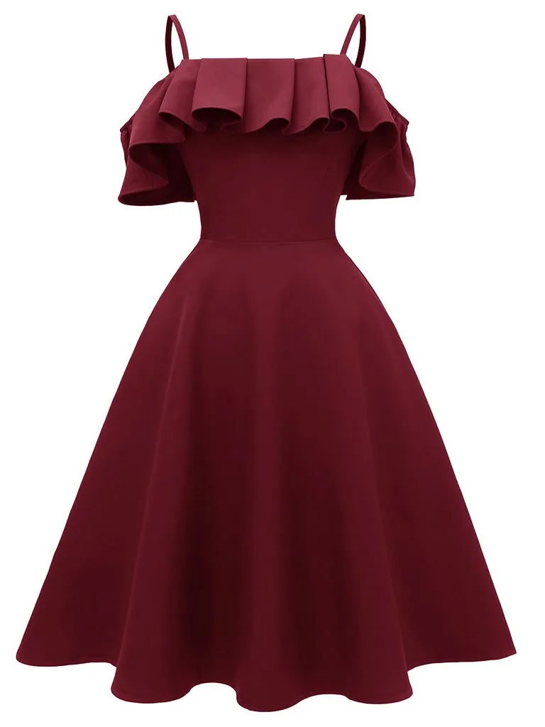 Navy 1950s Spaghetti Strap Ruffles Vintage Dress