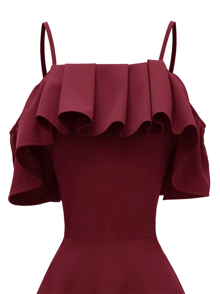 Navy 1950s Spaghetti Strap Ruffles Vintage Dress