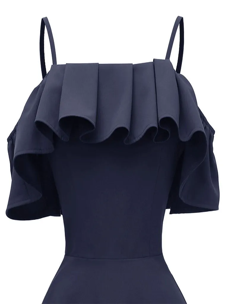 Navy 1950s Spaghetti Strap Ruffles Vintage Dress