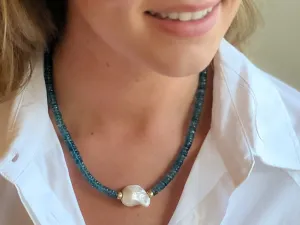 Neon Apatite Heishi Necklace with Baroque Pearl Accent