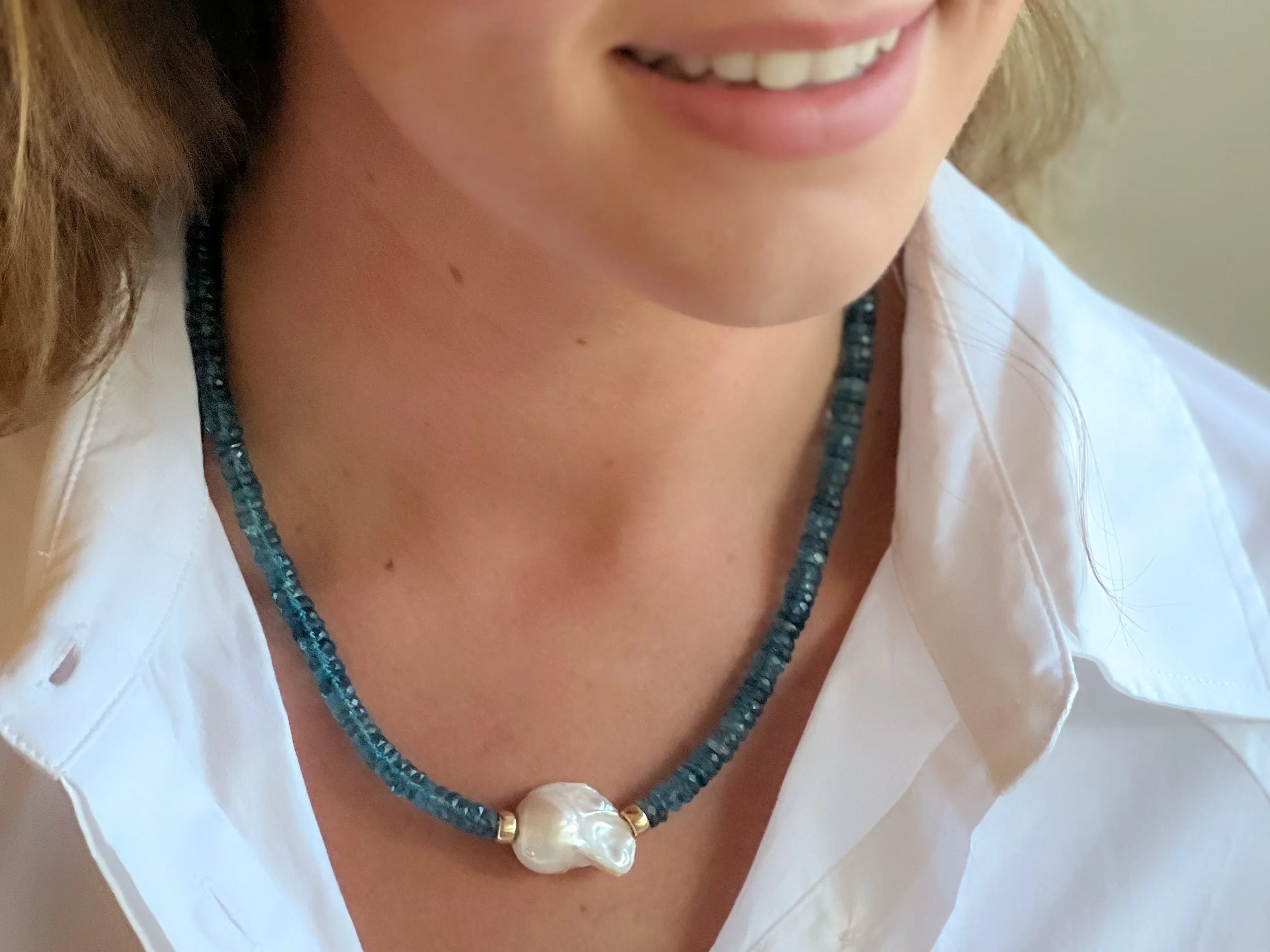 Neon Apatite Heishi Necklace with Baroque Pearl Accent