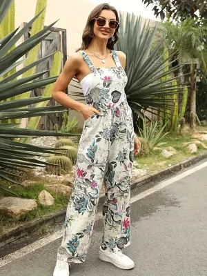 NEW Floral Print Jumpsuit, Vintage Sleeveless Wide Leg Jumpsuit With Pockets, Women's Clothing SZ M