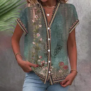 NEW Retails $77, Green Vintage Watercolor Floral Print Blouse, Sz M