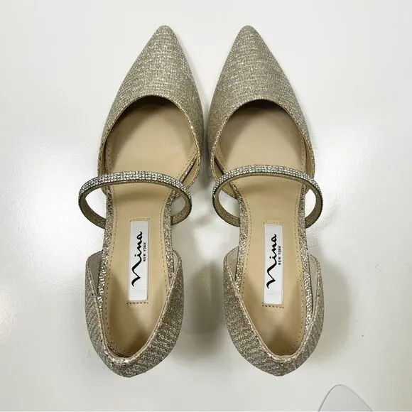 Nina Brystol Gold Champagne Glitter mid-heel D'orsay Dress Pump Heel New Size 7
