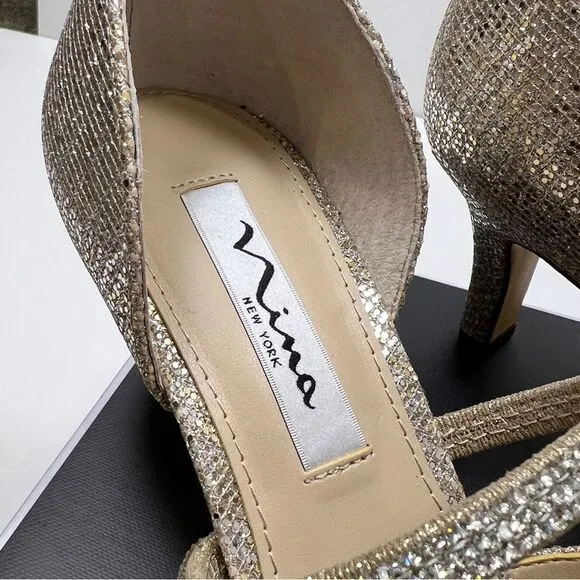 Nina Brystol Gold Champagne Glitter mid-heel D'orsay Dress Pump Heel New Size 7