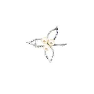 Nouveau Three Leaf Engraved Japanese Akoya Cultured Saltwater Pearl Brooch- Sterling Silver