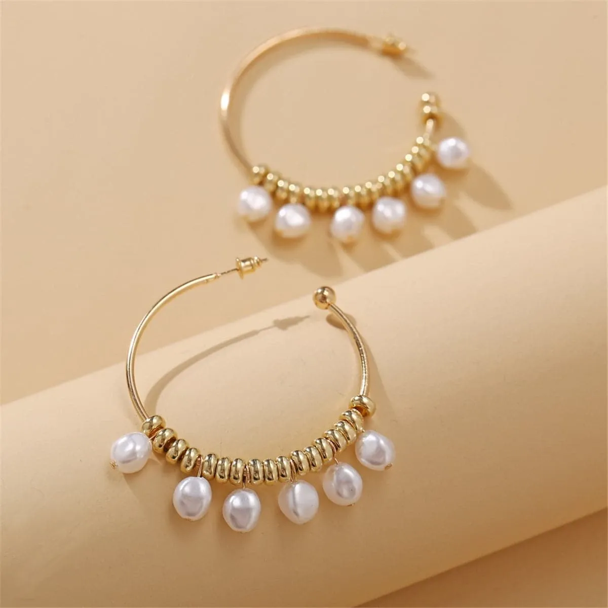 Pearl & 18K Gold-Plated Row Hoop Earring