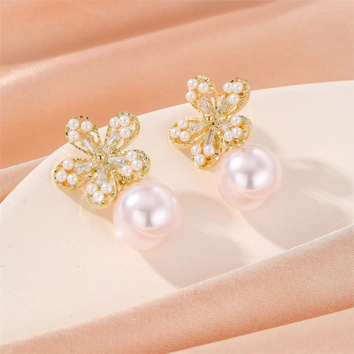 Pearl & Cubic Zirconia 18K Gold-Plated Floral Baguette-Cut Drop Earrings