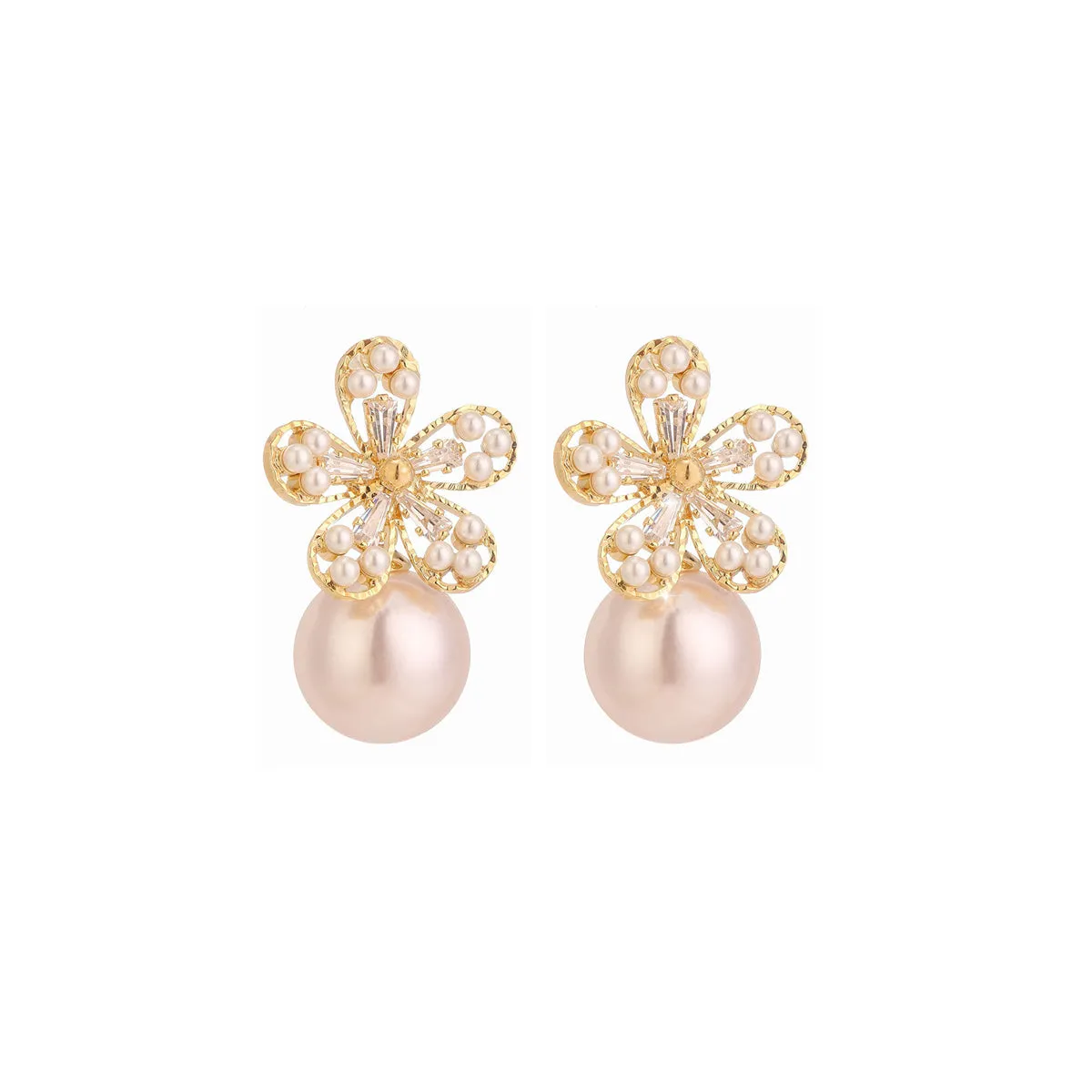 Pearl & Cubic Zirconia 18K Gold-Plated Floral Baguette-Cut Drop Earrings