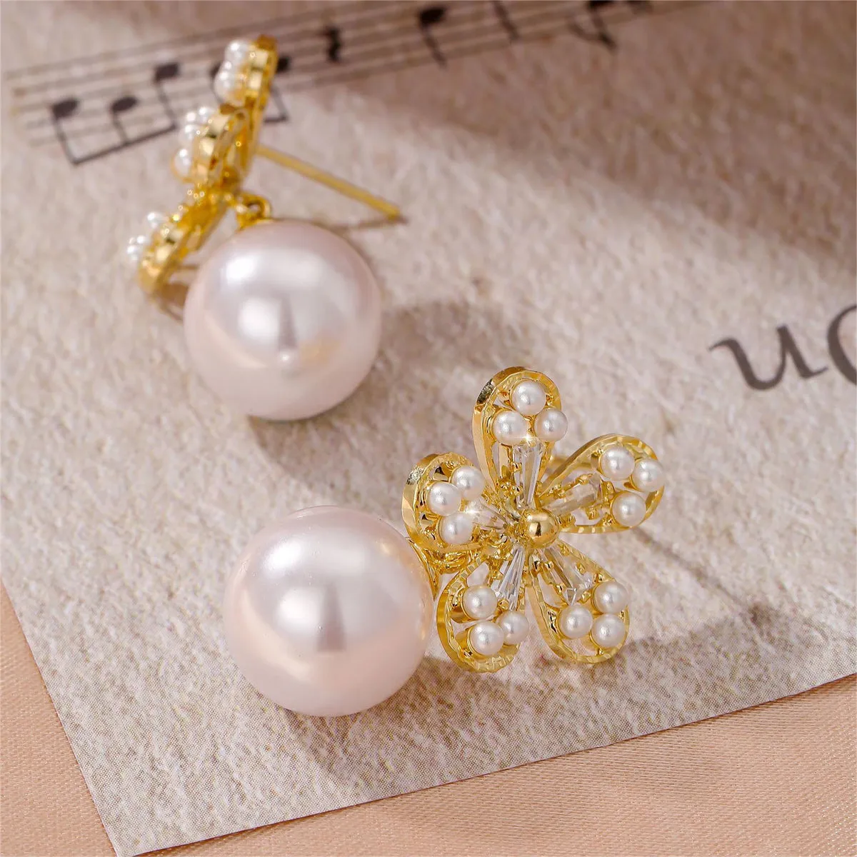 Pearl & Cubic Zirconia 18K Gold-Plated Floral Baguette-Cut Drop Earrings