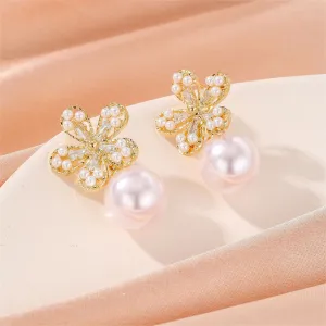 Pearl & Cubic Zirconia 18K Gold-Plated Floral Baguette-Cut Drop Earrings
