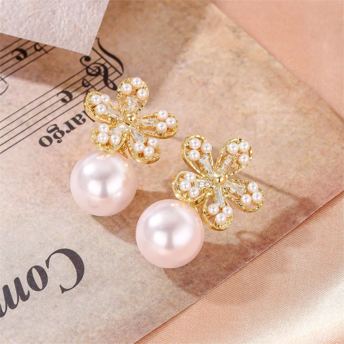 Pearl & Cubic Zirconia 18K Gold-Plated Floral Baguette-Cut Drop Earrings