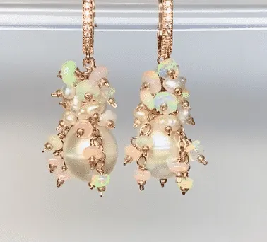 Pearl and Ethiopian Opal Cluster Earrings