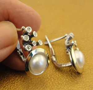 Pearl Zircon Earrings 9k Yellow Gold 925 Silver Handmade Hadar Designers(ms 1307