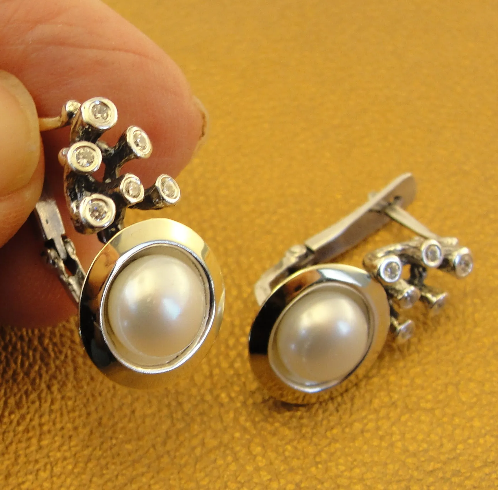 Pearl Zircon Earrings 9k Yellow Gold 925 Silver Handmade Hadar Designers(ms 1307