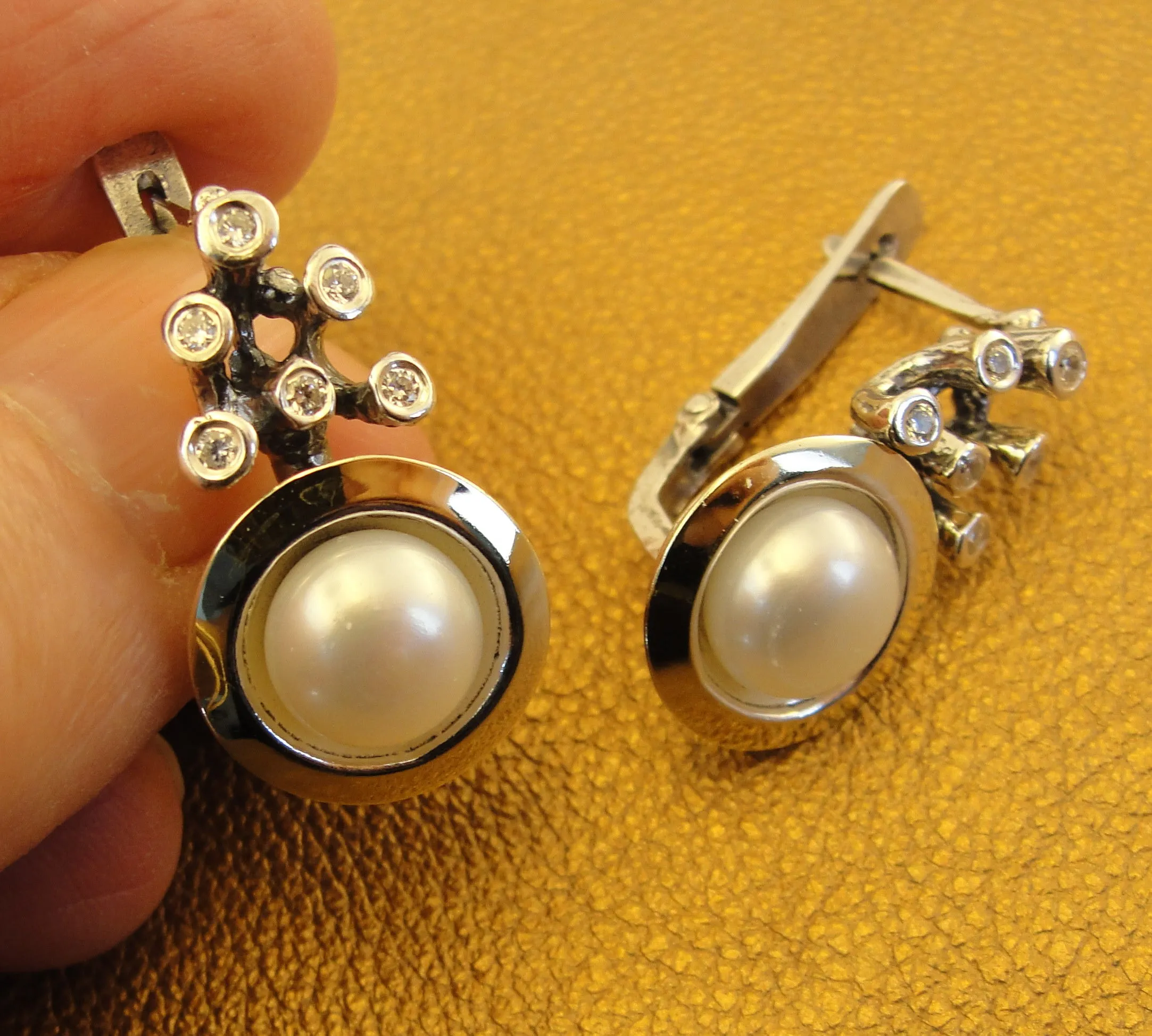 Pearl Zircon Earrings 9k Yellow Gold 925 Silver Handmade Hadar Designers(ms 1307