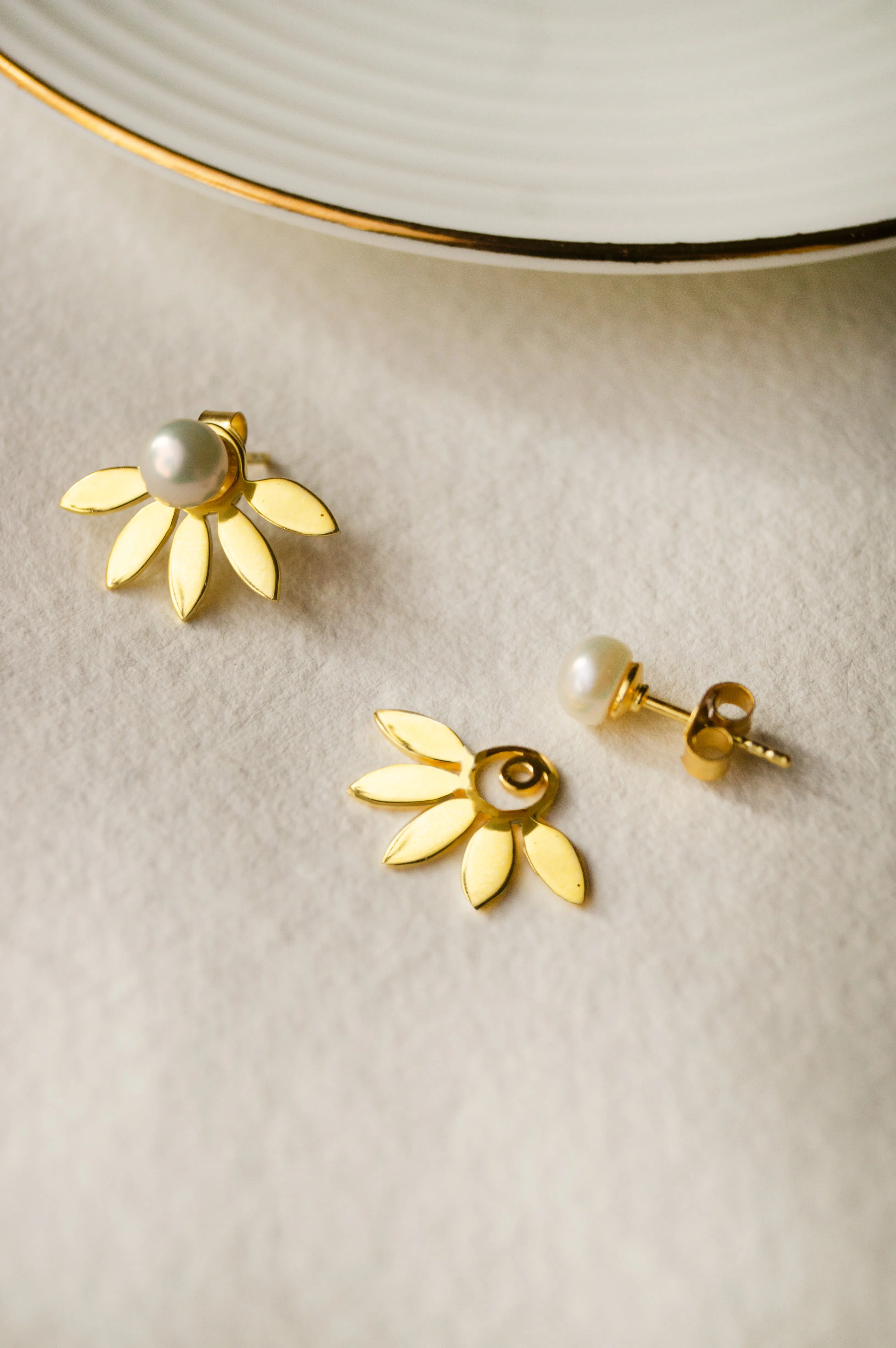 Pearly Petal Bloom Gold Plated Detachable Sterling Silver Statement Stud Earrings