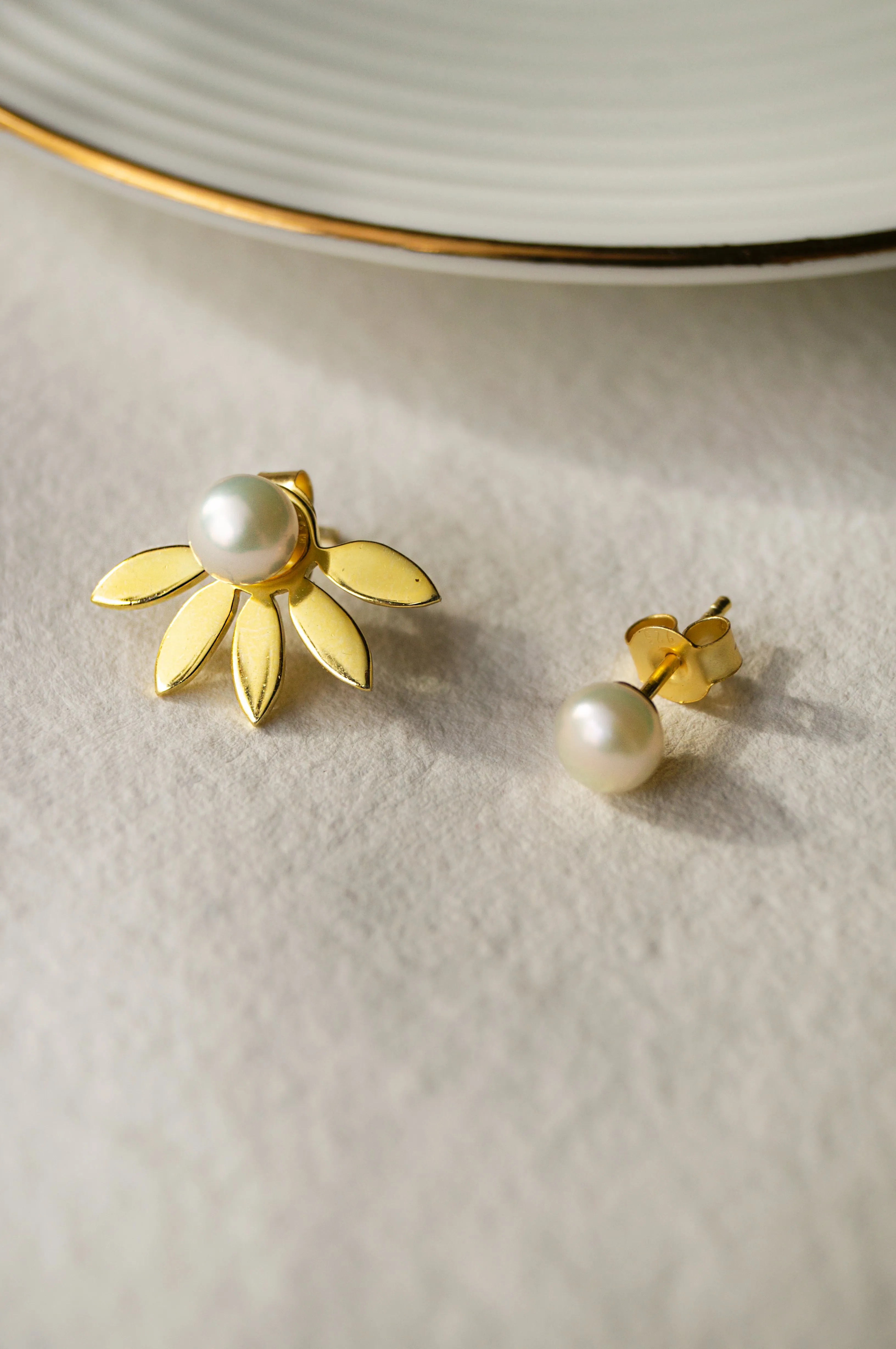 Pearly Petal Bloom Gold Plated Detachable Sterling Silver Statement Stud Earrings