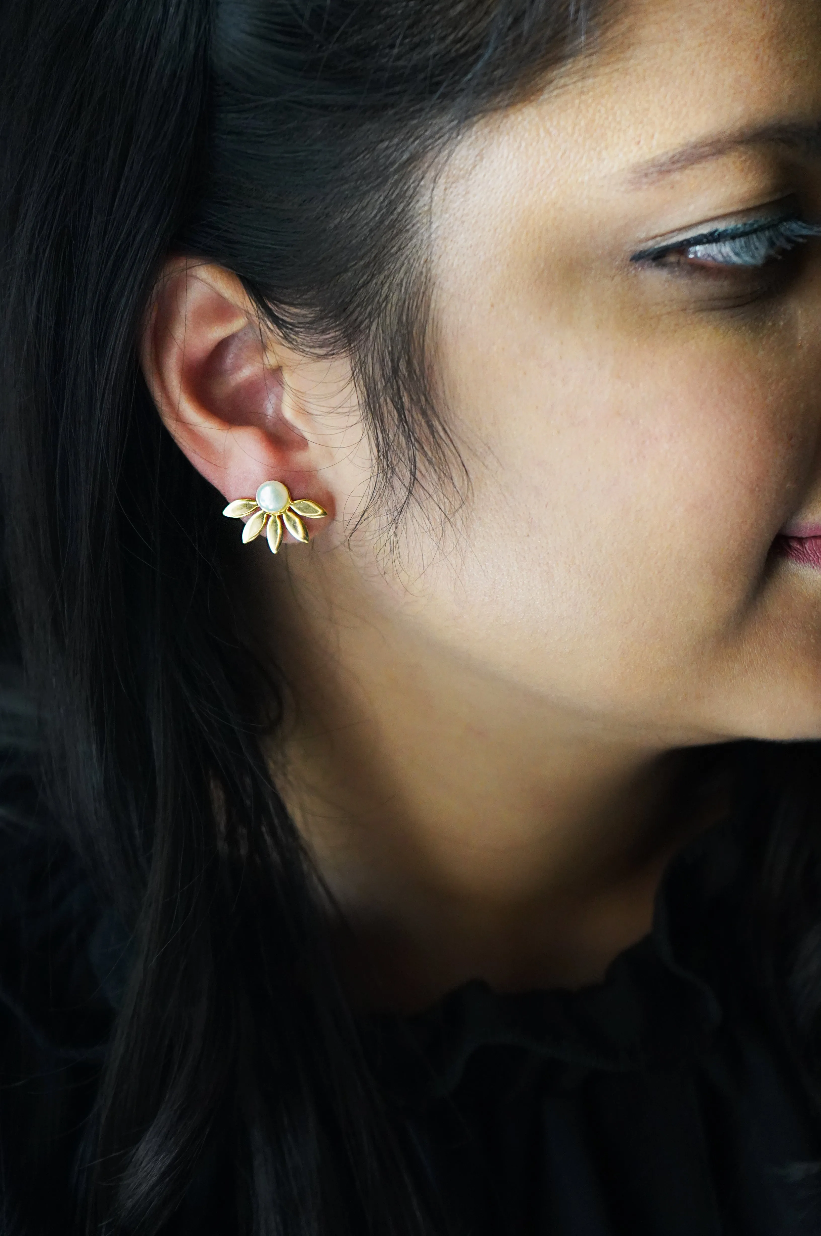 Pearly Petal Bloom Gold Plated Detachable Sterling Silver Statement Stud Earrings