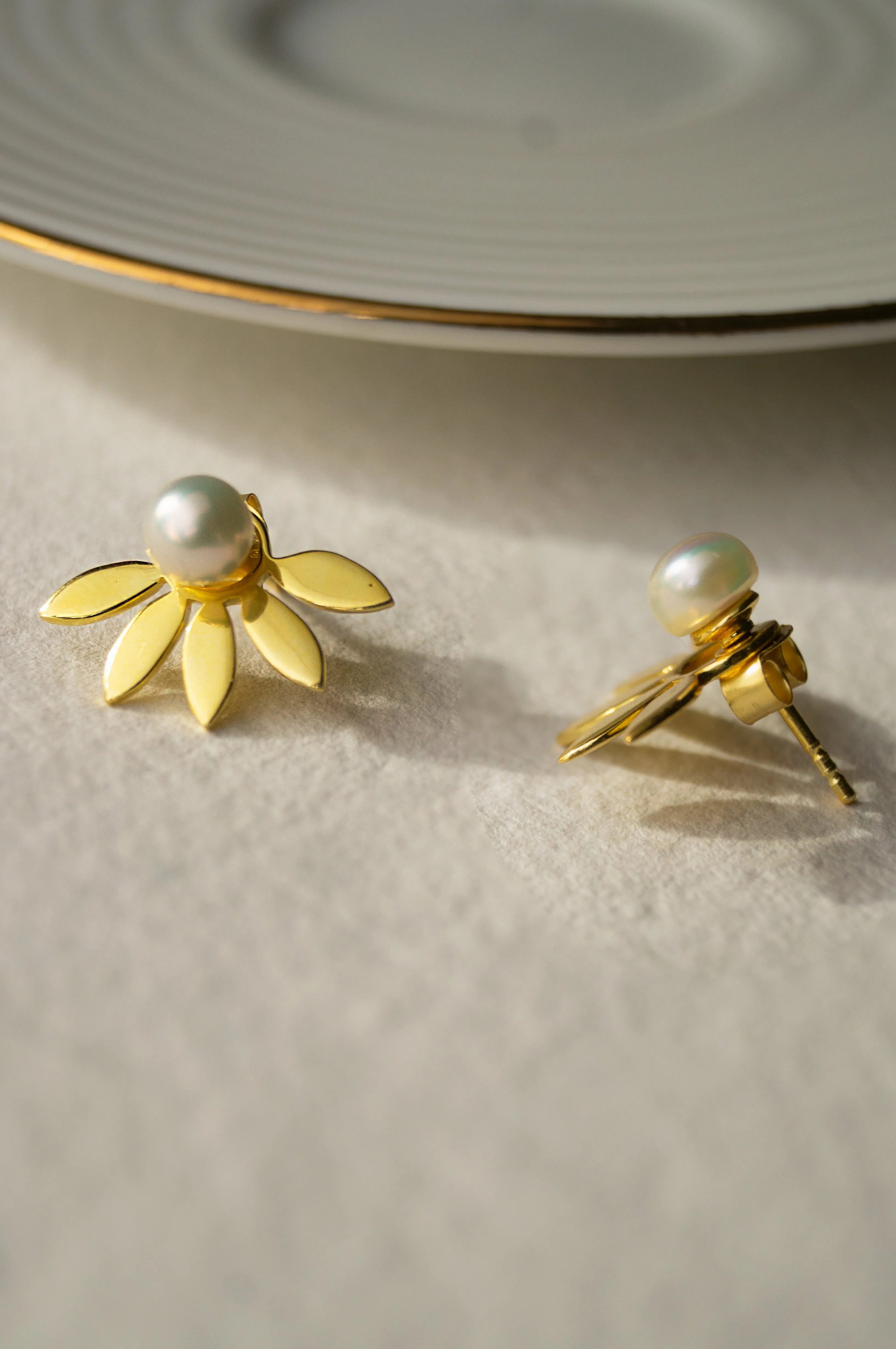 Pearly Petal Bloom Gold Plated Detachable Sterling Silver Statement Stud Earrings