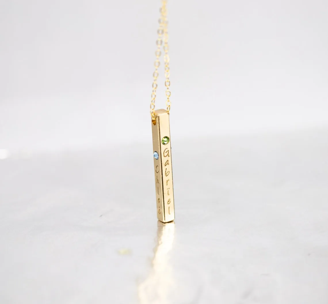 Personalized Four Sided Name Bar Necklace with Birthstone