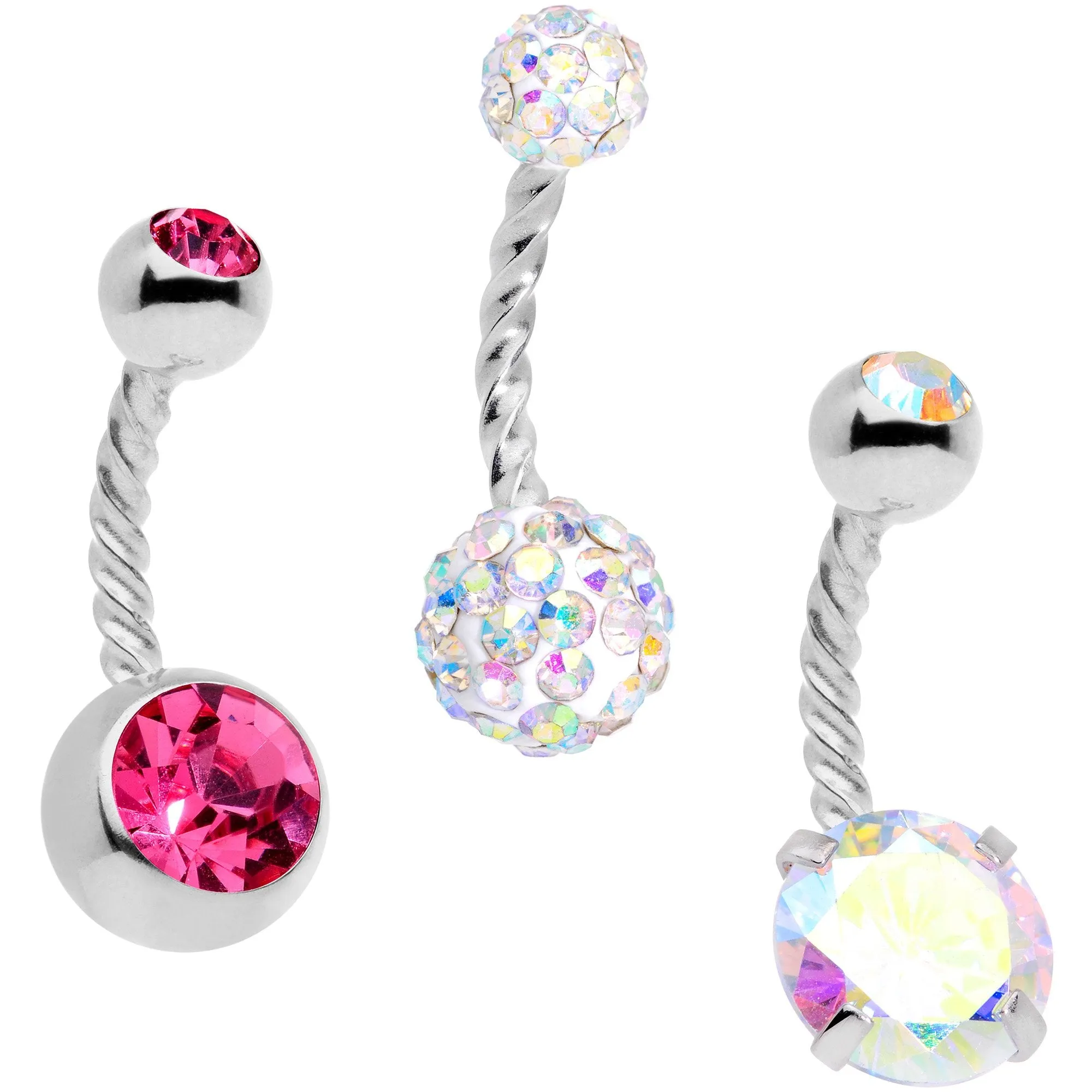 Pink Aurora Gem Twisted Disco Ball Belly Ring Set of 3