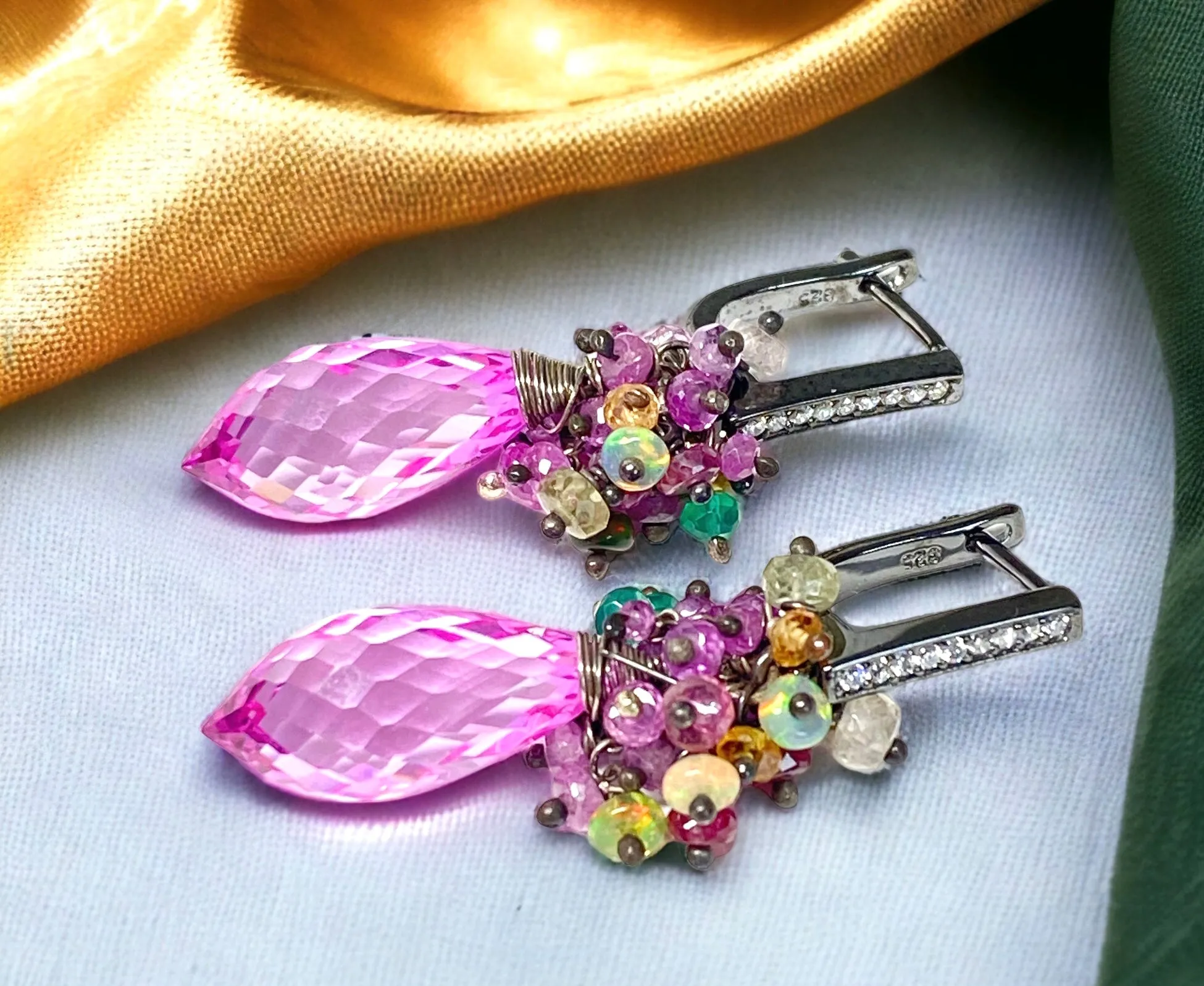 Pink Topaz and Opal Sapphire Cluster Earrings in Oxidized Silver
