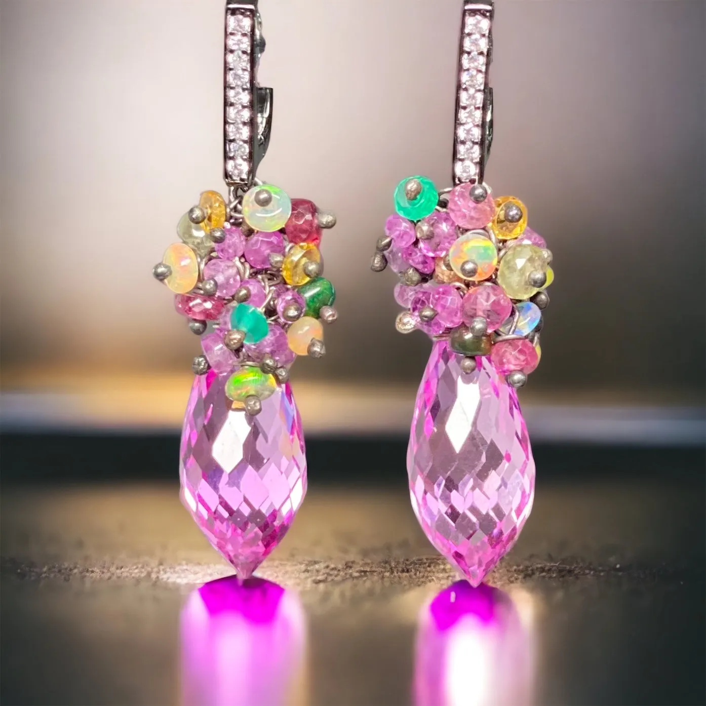 Pink Topaz and Opal Sapphire Cluster Earrings in Oxidized Silver