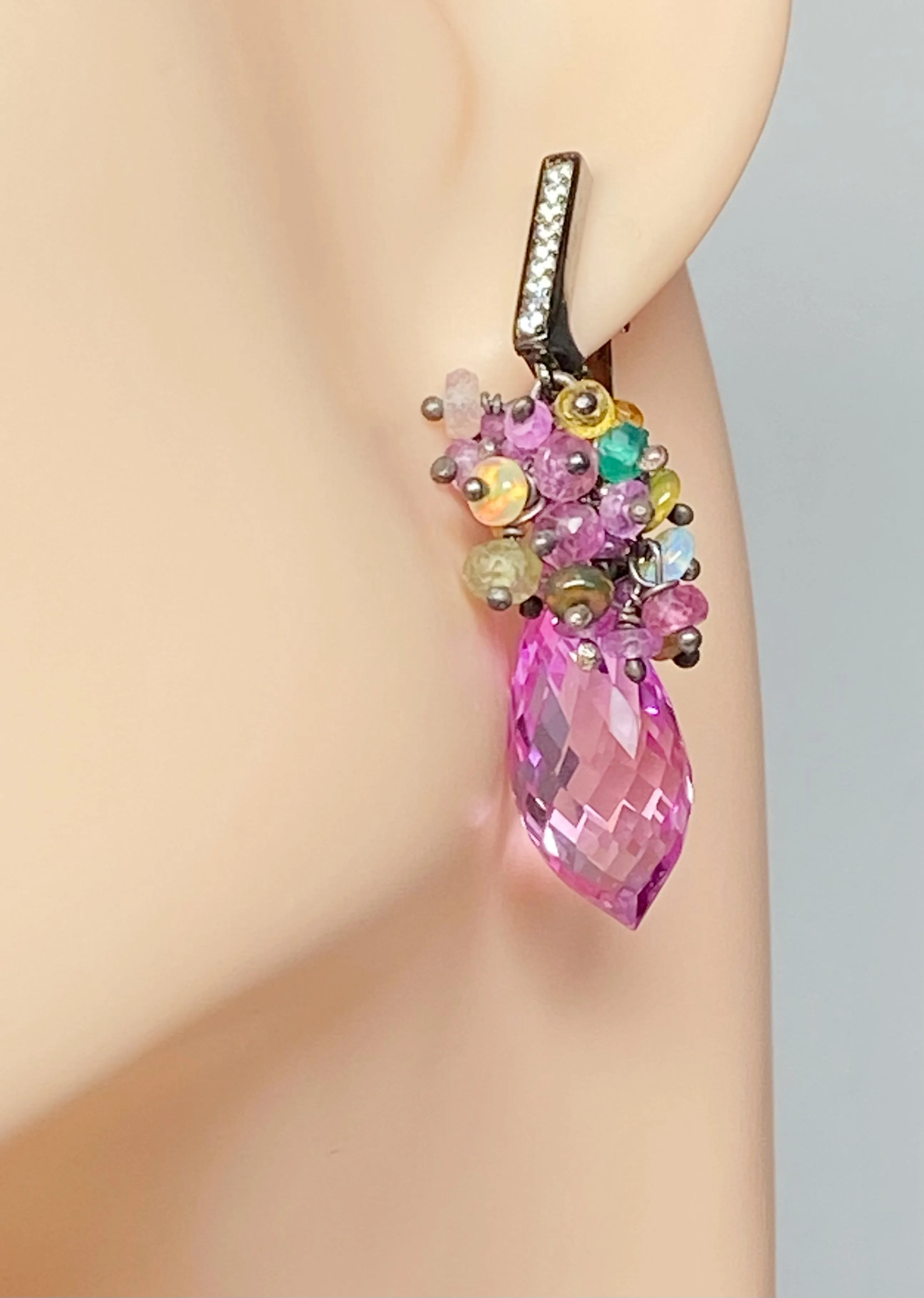 Pink Topaz and Opal Sapphire Cluster Earrings in Oxidized Silver