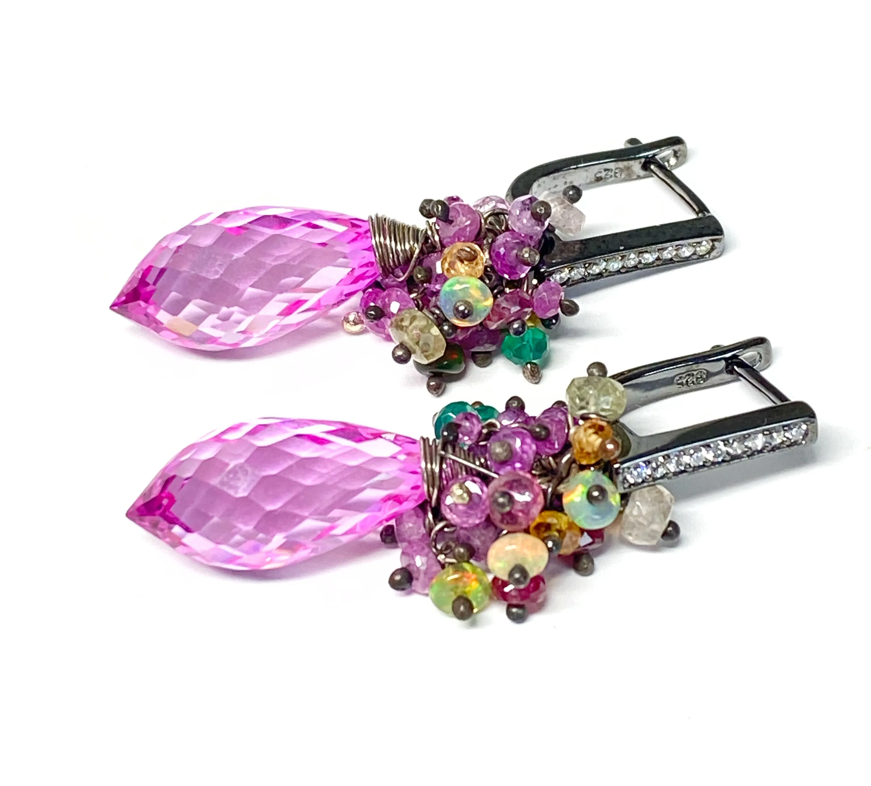 Pink Topaz and Opal Sapphire Cluster Earrings in Oxidized Silver