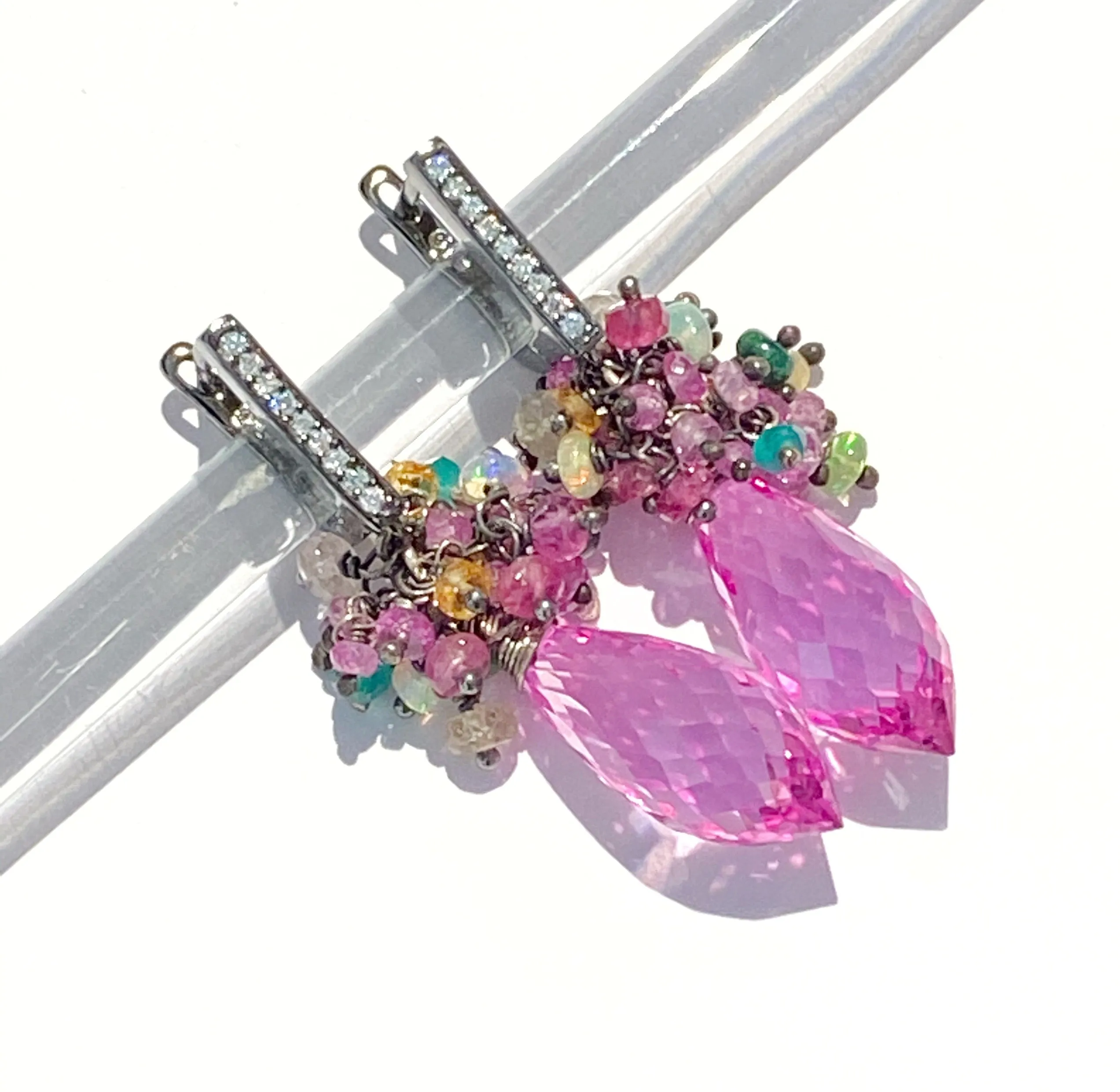 Pink Topaz and Opal Sapphire Cluster Earrings in Oxidized Silver