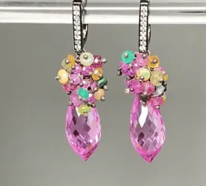 Pink Topaz and Opal Sapphire Cluster Earrings in Oxidized Silver