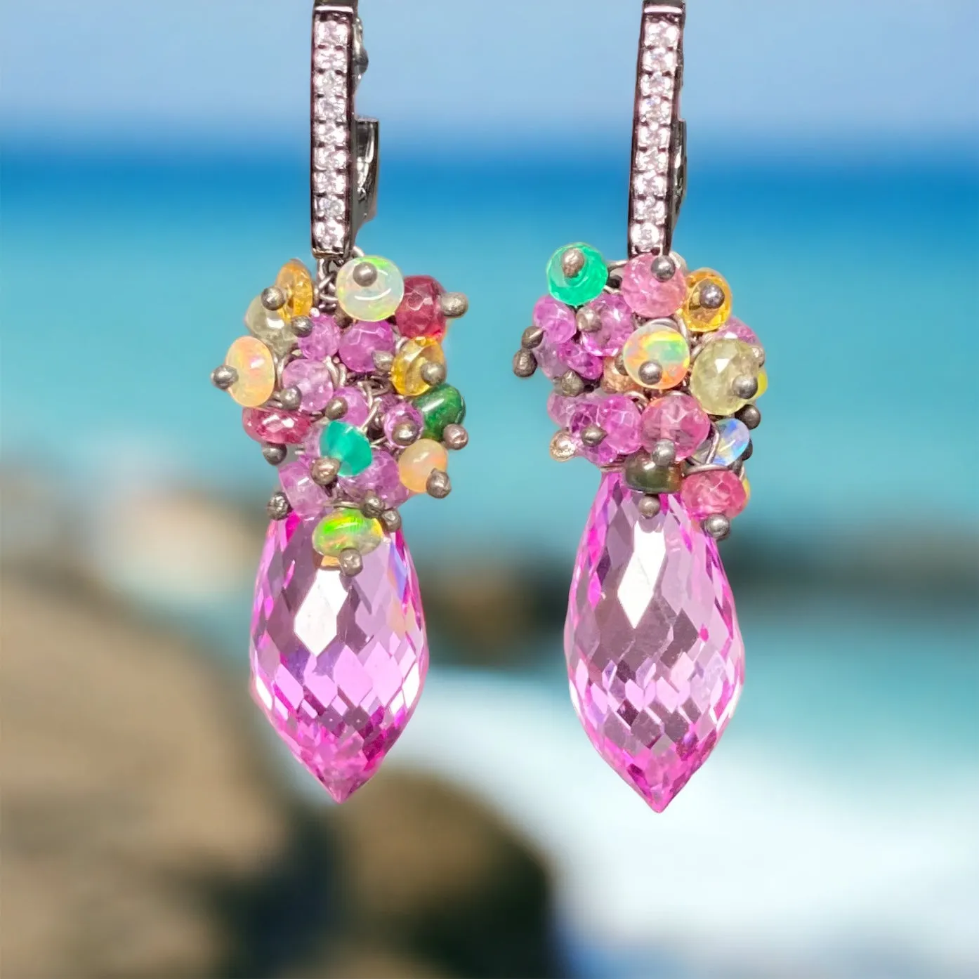 Pink Topaz and Opal Sapphire Cluster Earrings in Oxidized Silver