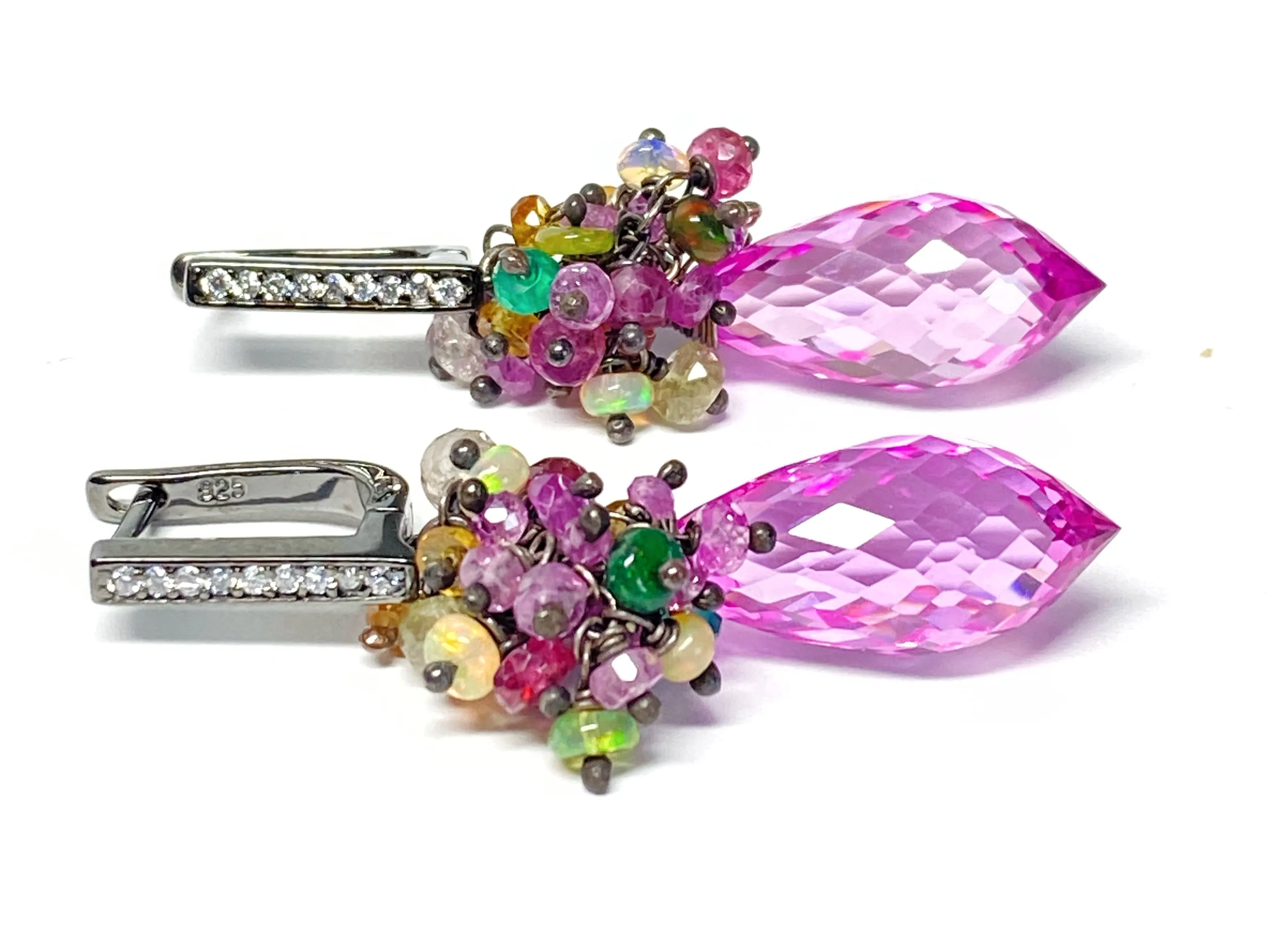 Pink Topaz and Opal Sapphire Cluster Earrings in Oxidized Silver