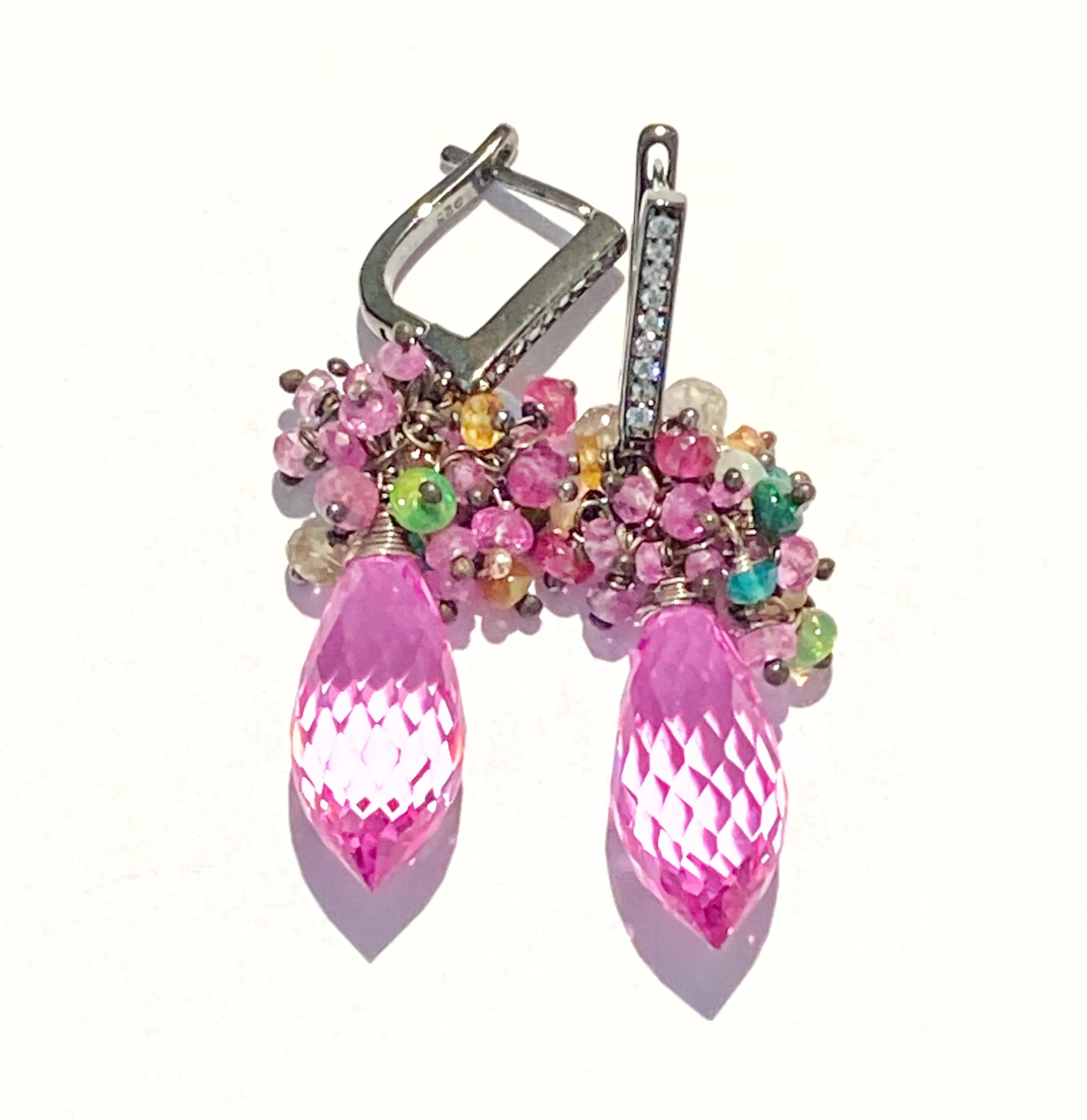 Pink Topaz and Opal Sapphire Cluster Earrings in Oxidized Silver