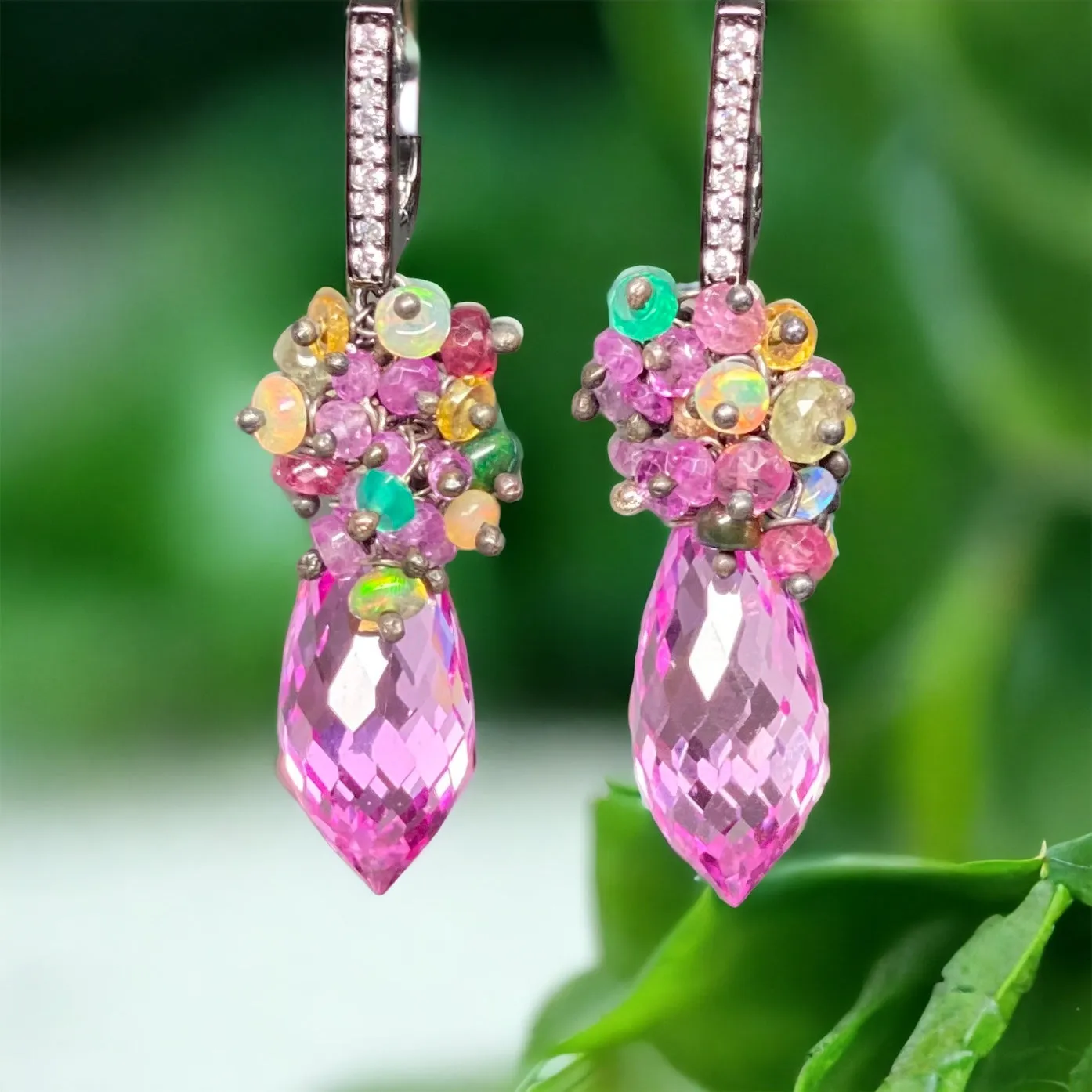 Pink Topaz and Opal Sapphire Cluster Earrings in Oxidized Silver