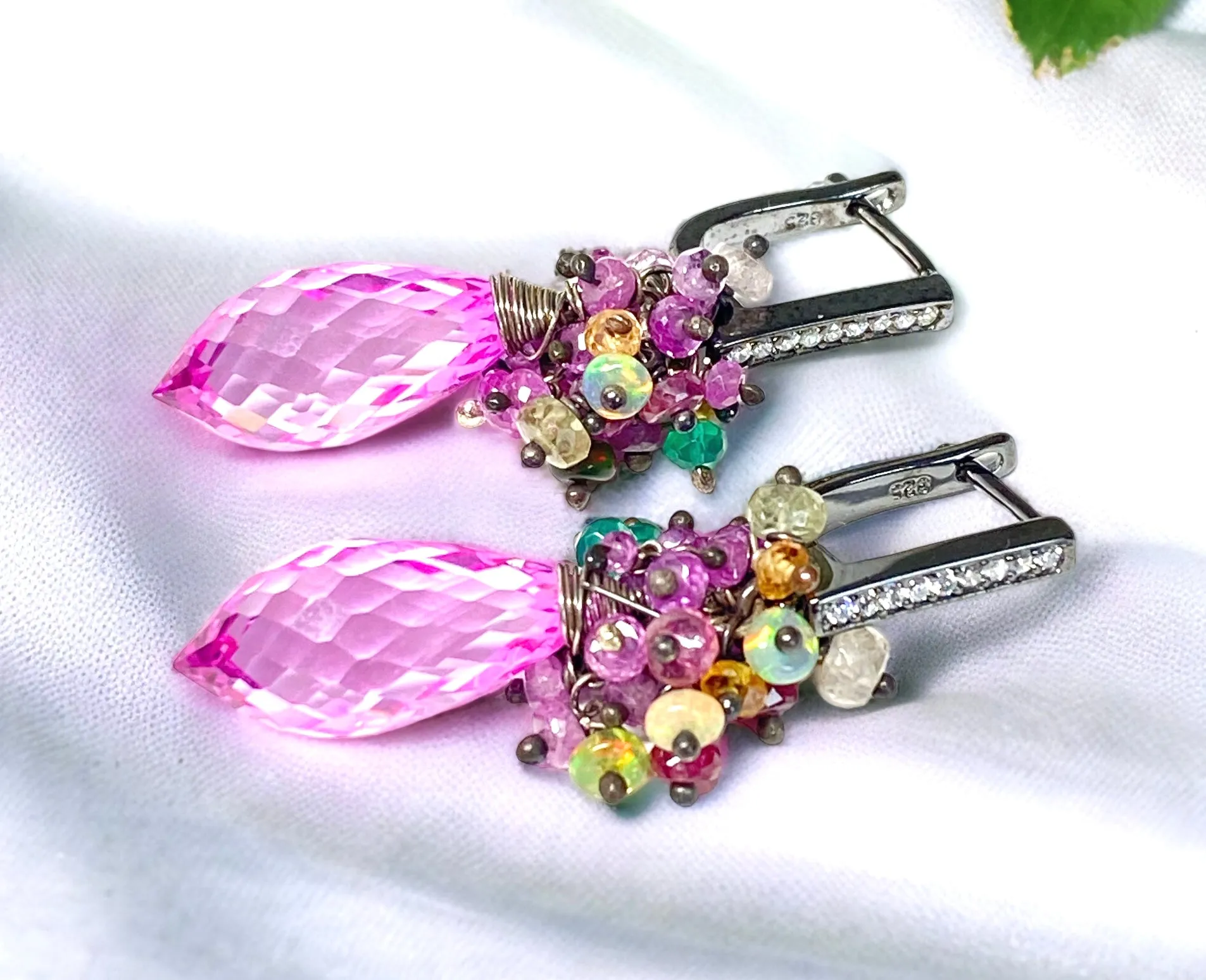 Pink Topaz and Opal Sapphire Cluster Earrings in Oxidized Silver